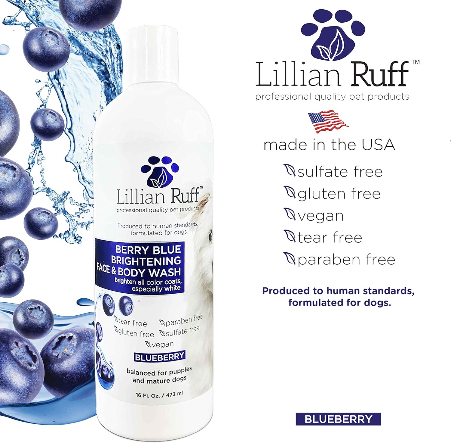 Lillian Ruff Berry Blue Brightening Face and Body Wash for Dogs - Blueberry Shampoo - Remove Tear Stains, Hydrate Dry Itchy Skin, Add Shine & Luster to Coats (Berry Blue Shampoo 16oz) - Image 2