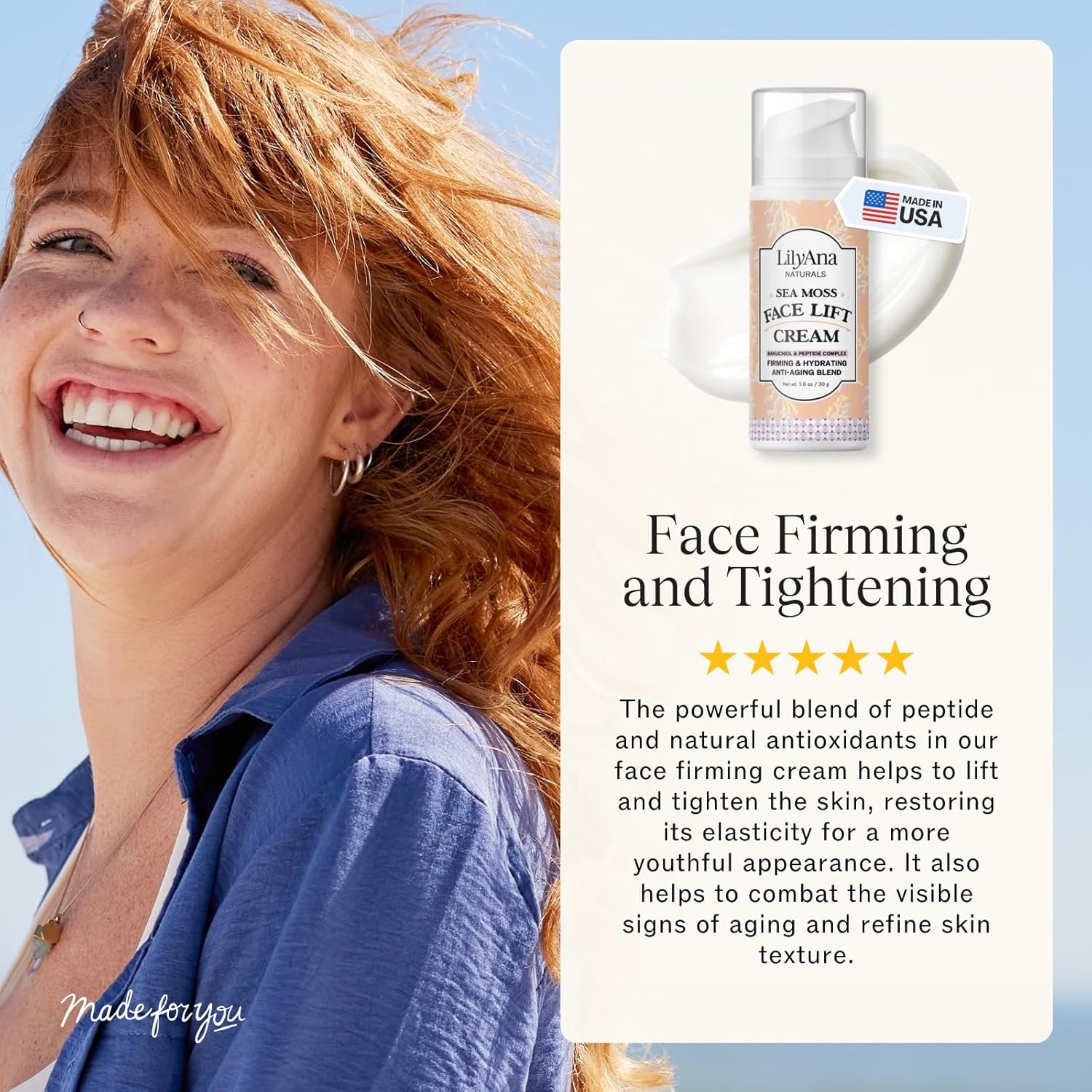 LilyAna Naturals Bakuchiol Face Lift Cream with Sea Moss and Peptide Complex - Face Cream for Women - Moisturizing and Lifting Facial Cream - Anti-Aging Overnight Moisturizer - Made in the USA - 1 oz - Image 6