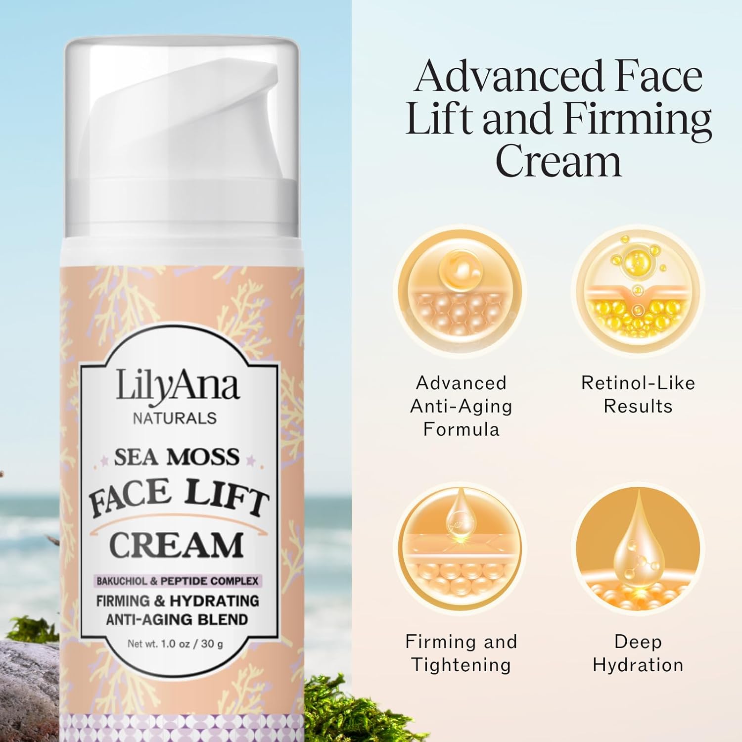 LilyAna Naturals Bakuchiol Face Lift Cream with Sea Moss and Peptide Complex - Face Cream for Women - Moisturizing and Lifting Facial Cream - Anti-Aging Overnight Moisturizer - Made in the USA - 1 oz - Image 5