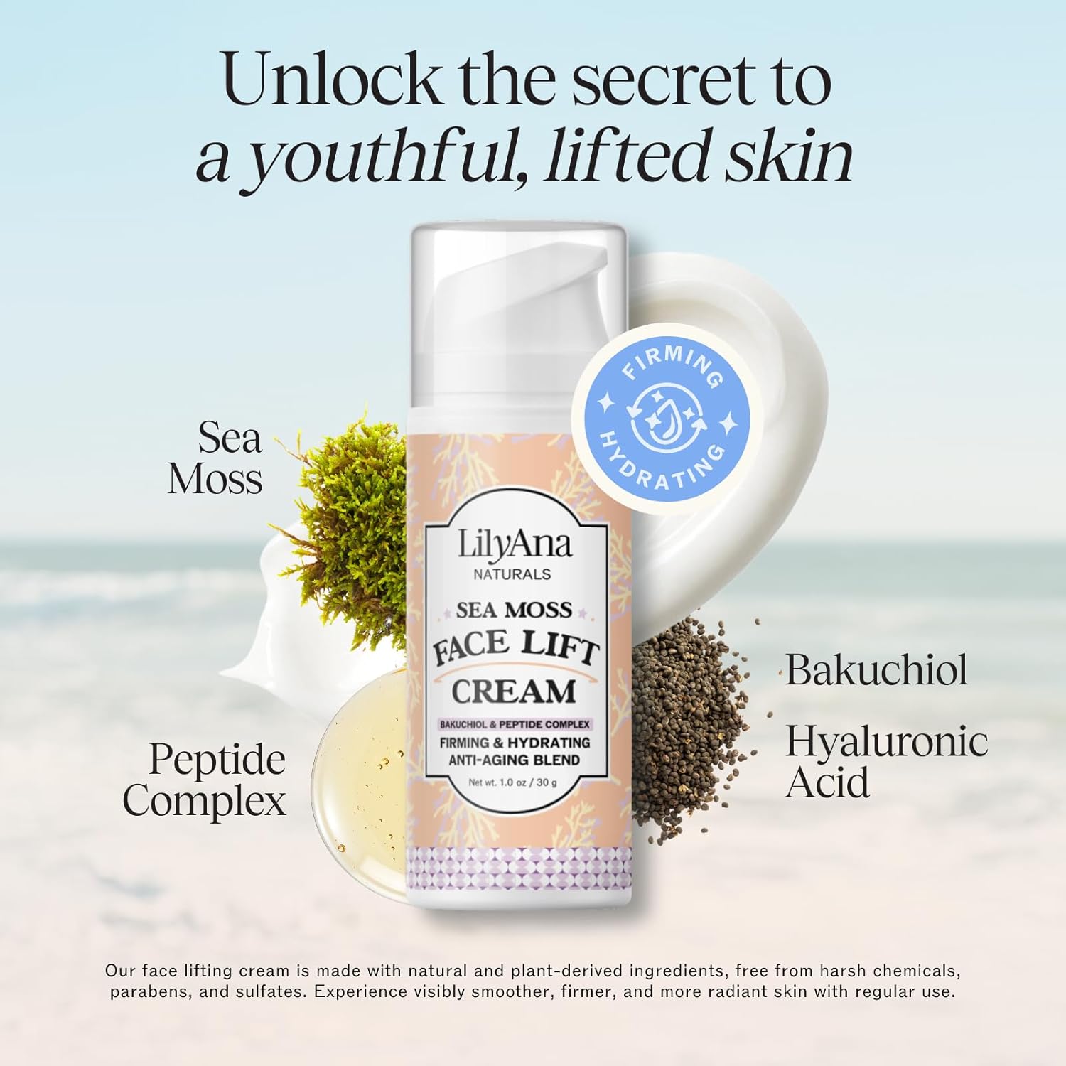 LilyAna Naturals Bakuchiol Face Lift Cream with Sea Moss and Peptide Complex - Face Cream for Women - Moisturizing and Lifting Facial Cream - Anti-Aging Overnight Moisturizer - Made in the USA - 1 oz - Image 2