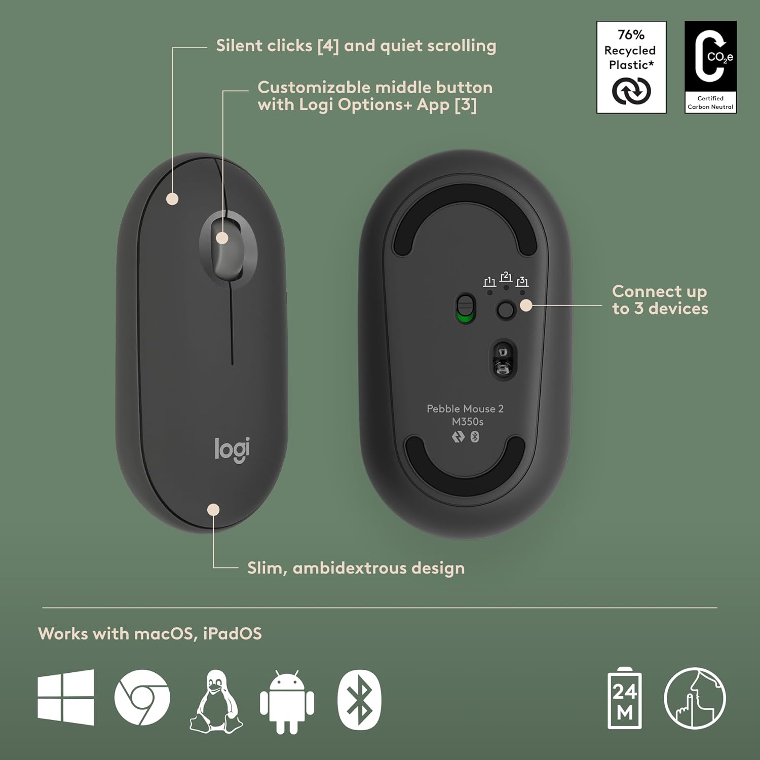 Logitech Pebble 2 Combo for Mac, Wireless Keyboard and Mouse, Slim, Quiet and Portable, Customizable, Bluetooth Mouse and Keyboard, Easy-Switch, for macOS, iPadOS - Tonal Graphite - Image 7