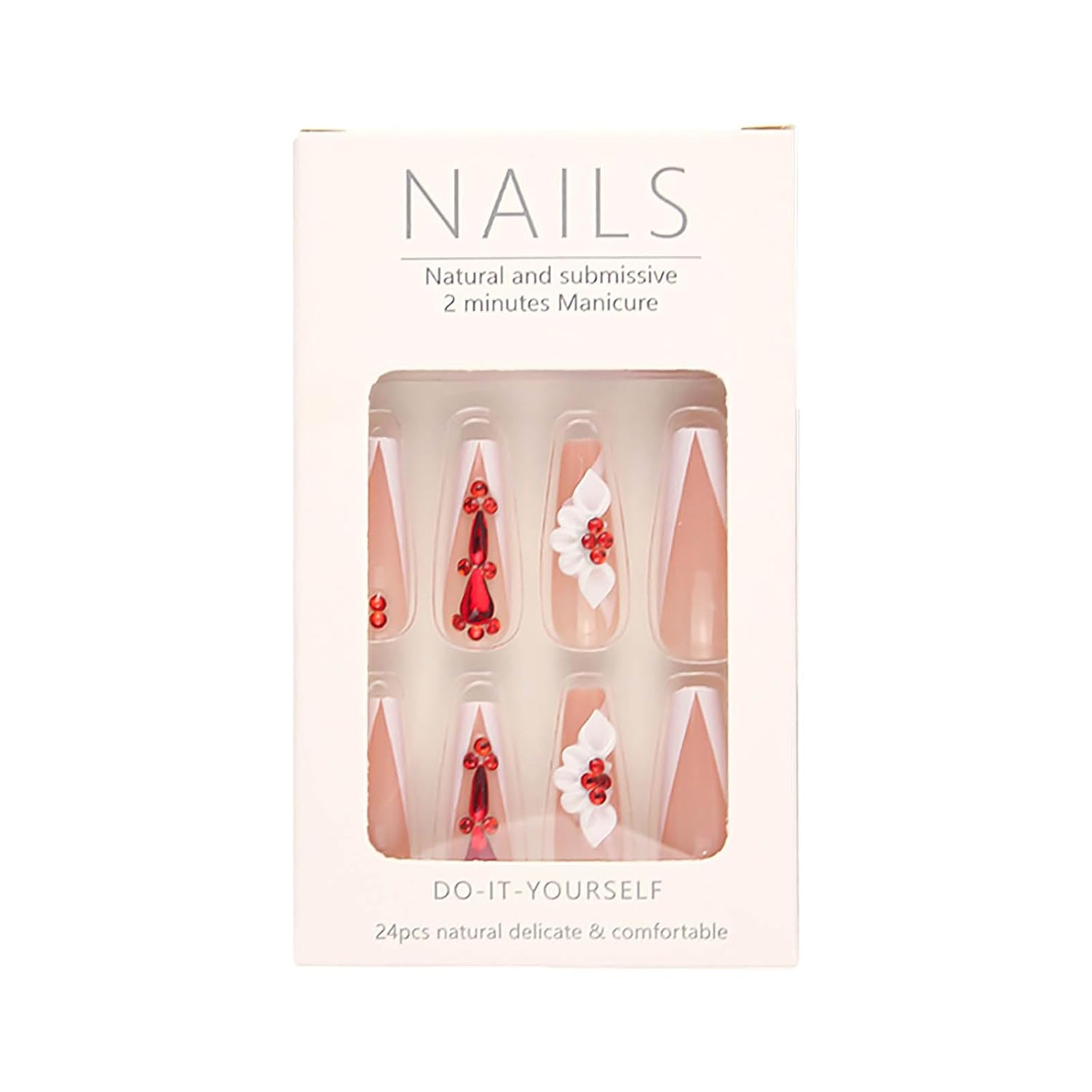 Long Coffin Press on Nails White French Tip Fake Nails Sparkly False Nails with Red Rhinestones Designs Long Coffin Nail Press ons Acrylic Artificial Nails Cute Stick on Nails for Women 24Pcs - Image 4