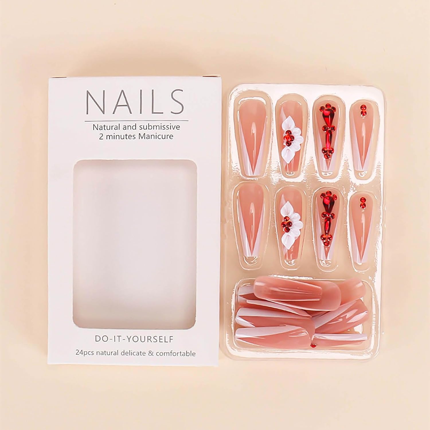 Long Coffin Press on Nails White French Tip Fake Nails Sparkly False Nails with Red Rhinestones Designs Long Coffin Nail Press ons Acrylic Artificial Nails Cute Stick on Nails for Women 24Pcs - Image 3
