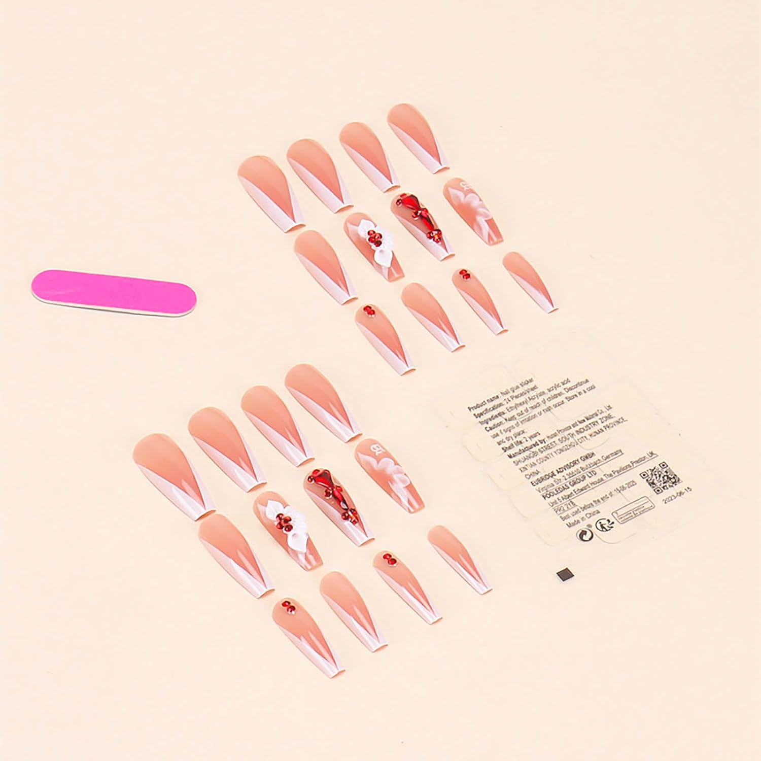 Long Coffin Press on Nails White French Tip Fake Nails Sparkly False Nails with Red Rhinestones Designs Long Coffin Nail Press ons Acrylic Artificial Nails Cute Stick on Nails for Women 24Pcs - Image 2