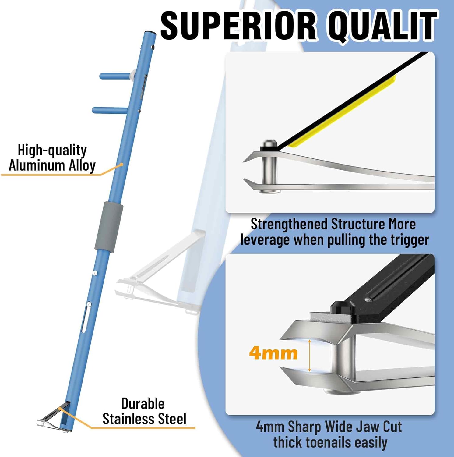 Long Handled Toenail Clippers for Seniors, Thick Nails, Overweight, Arthritis Sufferers, Ergonomic Wide Jaw Opening, White (XS-16 / 40cm Blue) - Image 2