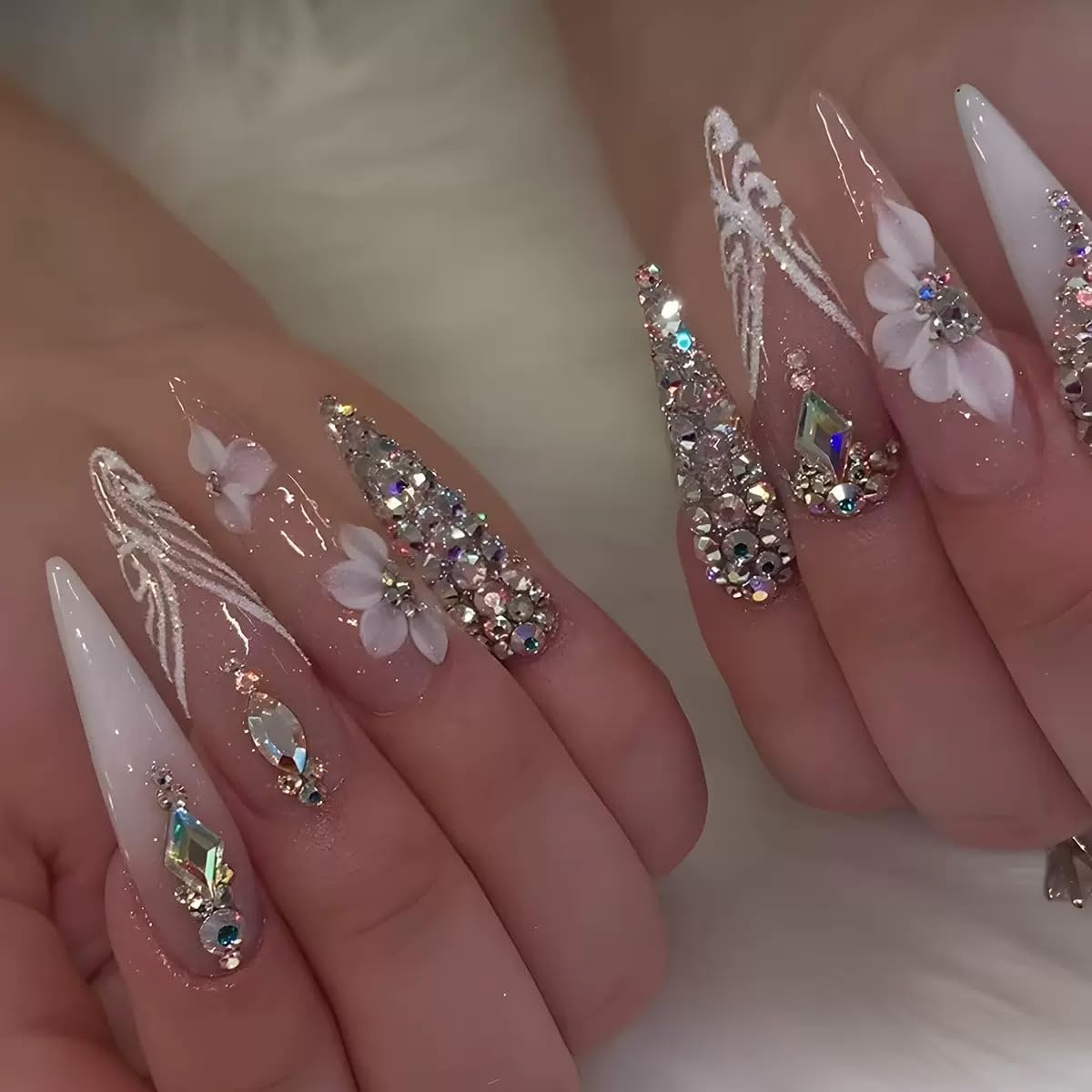 Long Press on Nails Almond Fake Nails Flower False Nails with Glitter Glossy Design Glue on Nails Bling Rhinestone Full Cover Stick on Nails White Acrylic Nails for Women Manicure 24Pcs