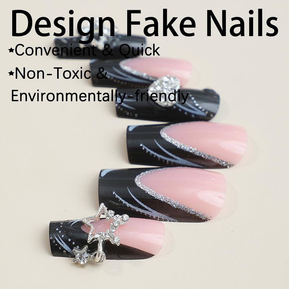 Long Press on Nails Black French Tip Long Fake Nails Coffin Press on Nails Square Black False Nails with Silver Star Charm Design Acrylic Nails Press on Artificial Nails Stick on Nails For Women-24Pcs - Image 3