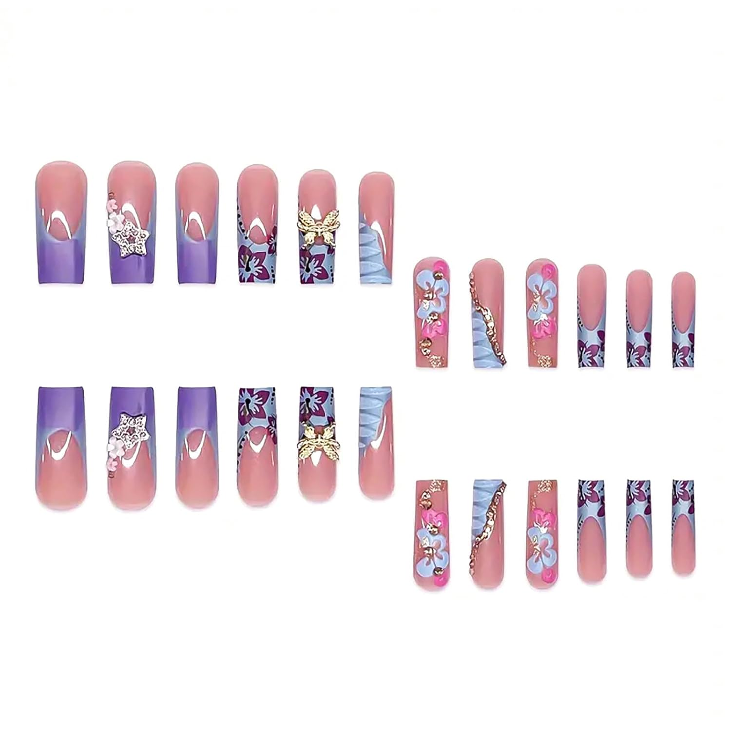 Long Press on Nails French Tip Fake Nails Blue Square False Nails with Gold 3D Butterfly Designs Pink Full Cover Artificial Nails Glossy Glue on Nails Fall Stick on Nails for Women 24Pcs - Image 2