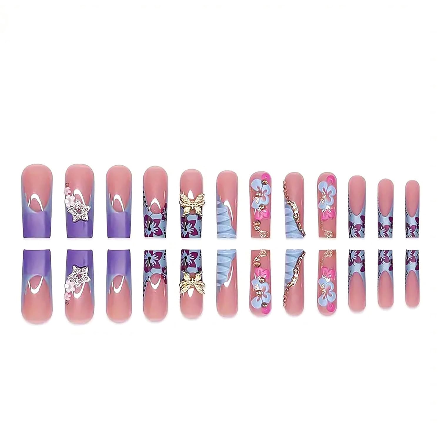 Long Press on Nails French Tip Fake Nails Blue Square False Nails with Gold 3D Butterfly Designs Pink Full Cover Artificial Nails Glossy Glue on Nails Fall Stick on Nails for Women 24Pcs - Image 4