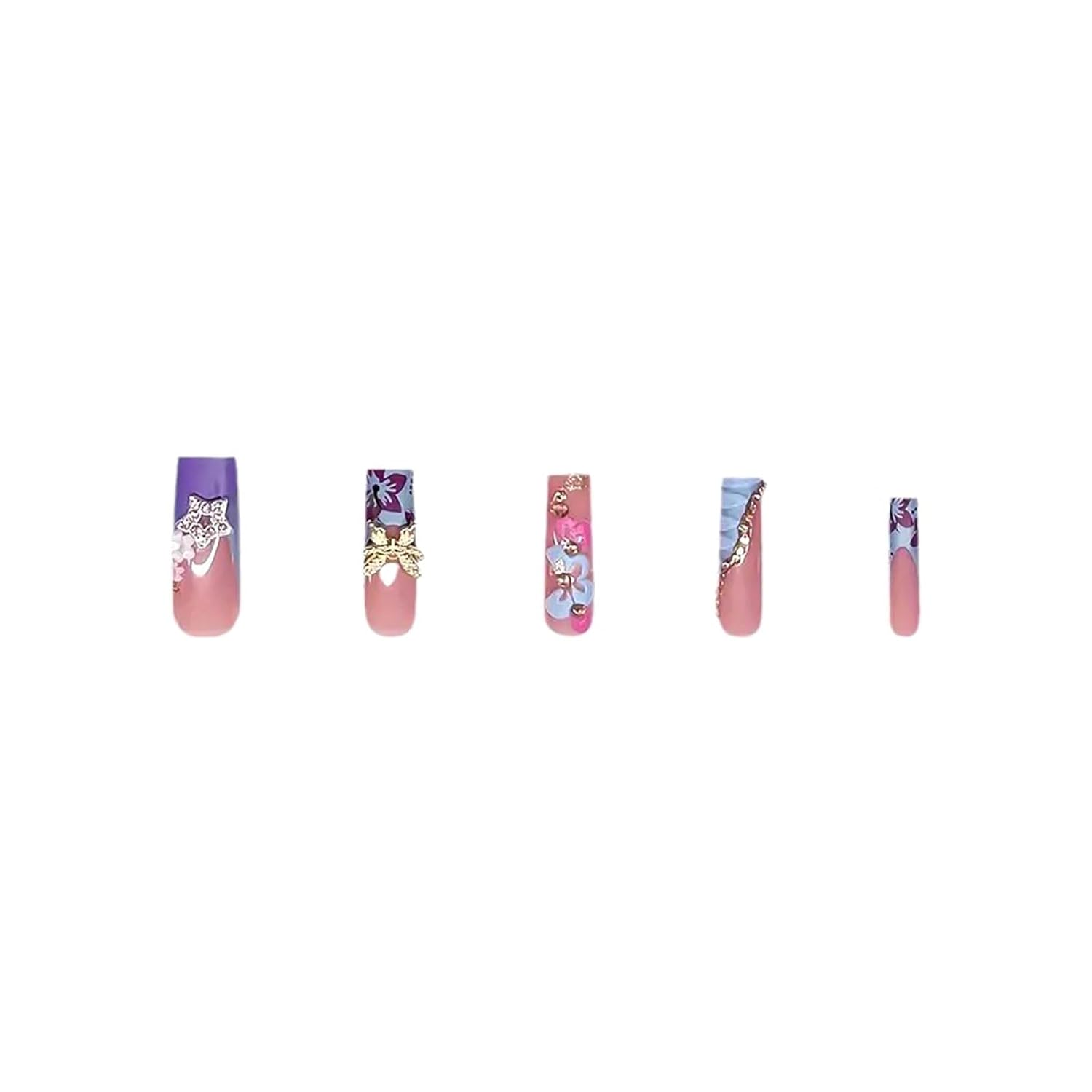 Long Press on Nails French Tip Fake Nails Blue Square False Nails with Gold 3D Butterfly Designs Pink Full Cover Artificial Nails Glossy Glue on Nails Fall Stick on Nails for Women 24Pcs - Image 3