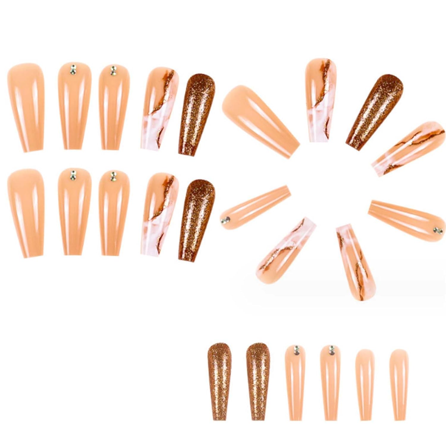 Long Press on Nails Marble False Nails Art Full Cover Acrylic Coffin Orange Fake Nails for Women and Girls 24PCS - Image 2