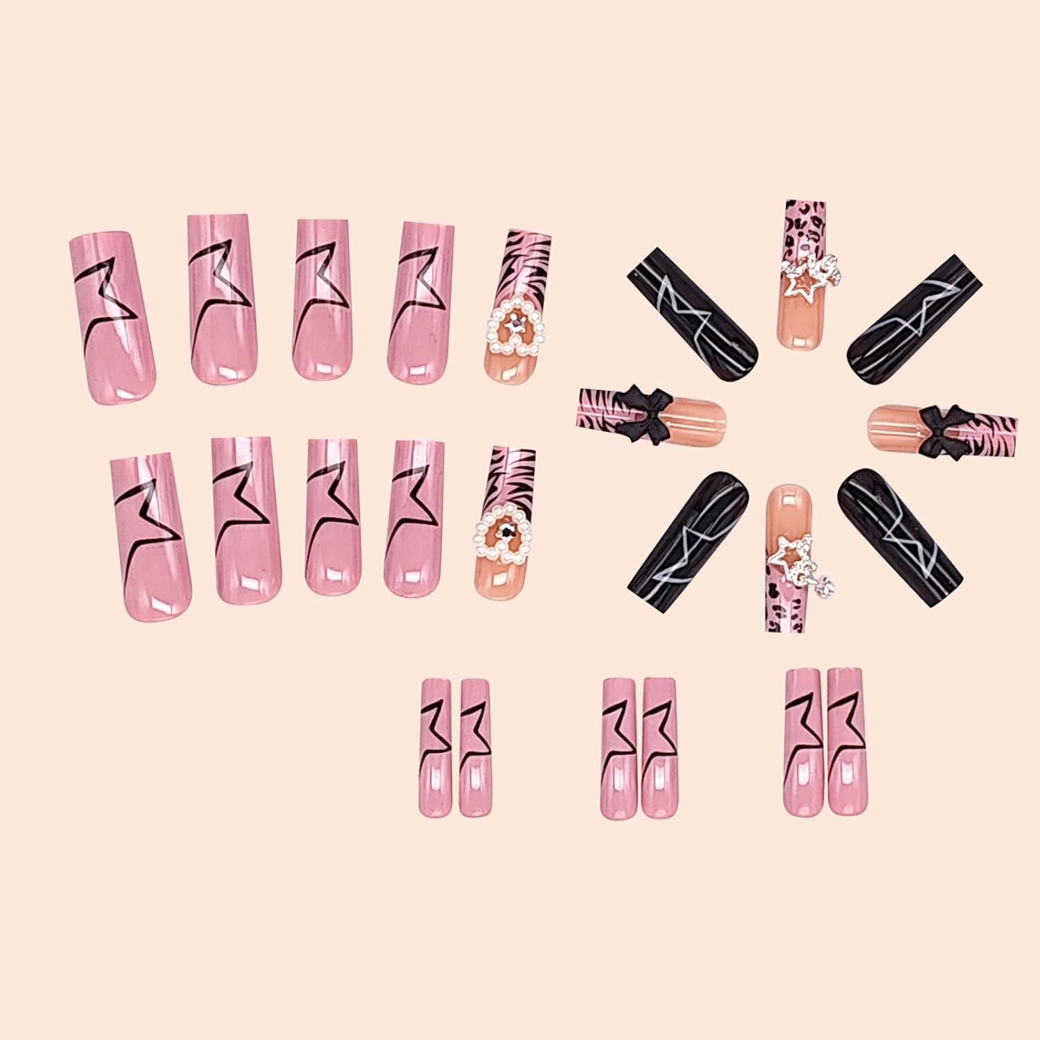 Long Press on Nails Square Pink French Tips Fake Nails with Star Charms & Heart Pearl Designs Glossy Glue on Acrylic Nails Full Cover Black Squoval Y2K False Nails for Women Girls 24Pcs - Image 3