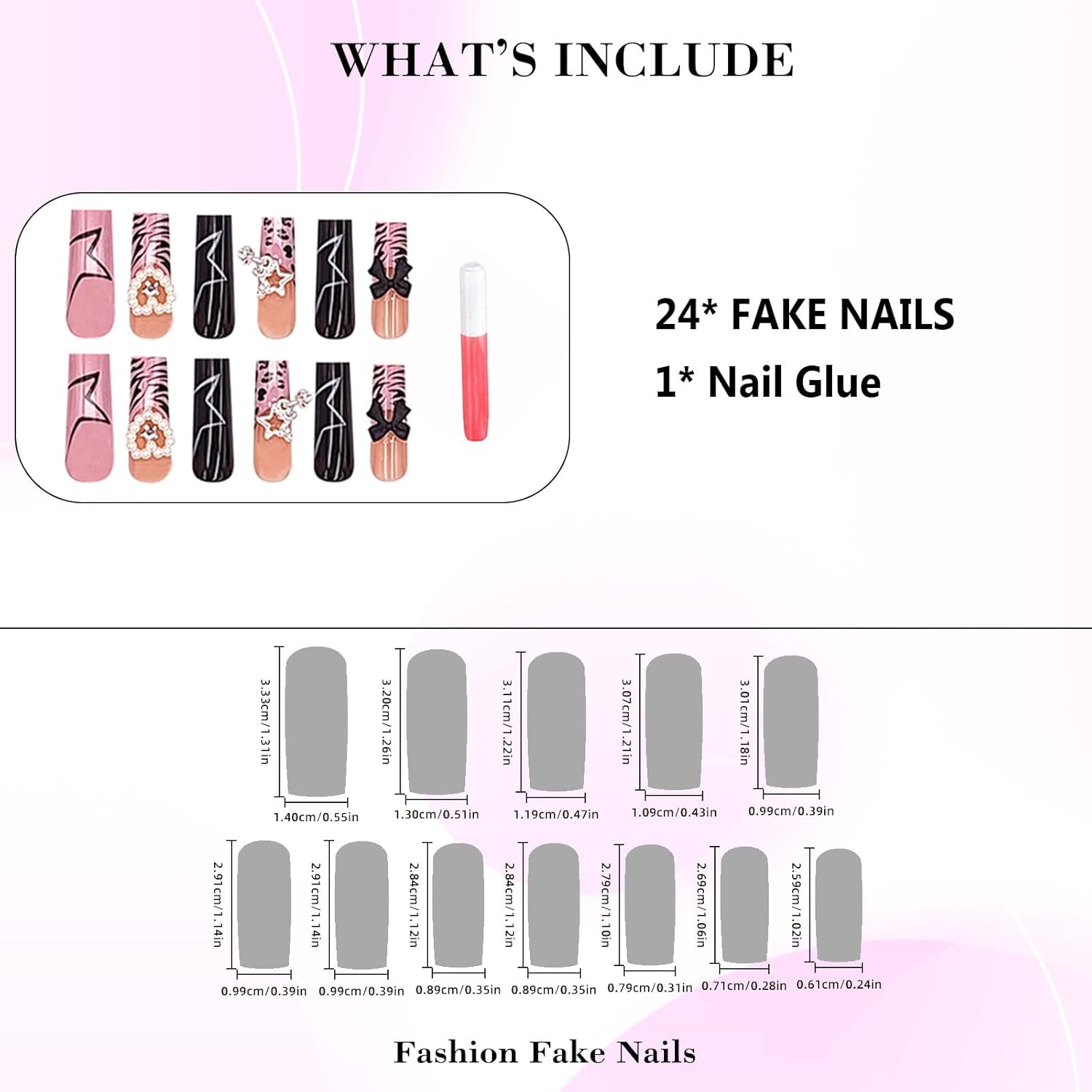 Long Press on Nails Square Pink French Tips Fake Nails with Star Charms & Heart Pearl Designs Glossy Glue on Acrylic Nails Full Cover Black Squoval Y2K False Nails for Women Girls 24Pcs - Image 4