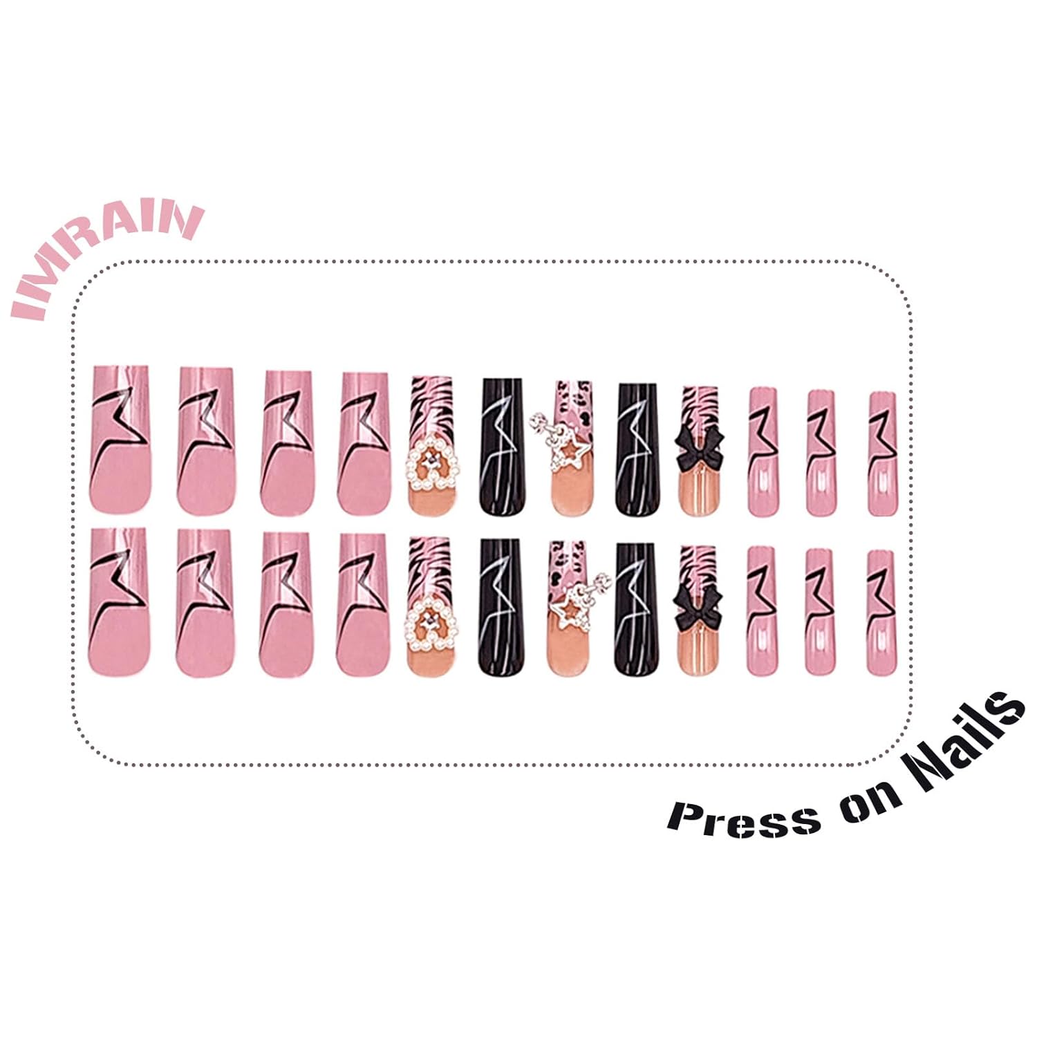 Long Press on Nails Square Pink French Tips Fake Nails with Star Charms & Heart Pearl Designs Glossy Glue on Acrylic Nails Full Cover Black Squoval Y2K False Nails for Women Girls 24Pcs - Image 2