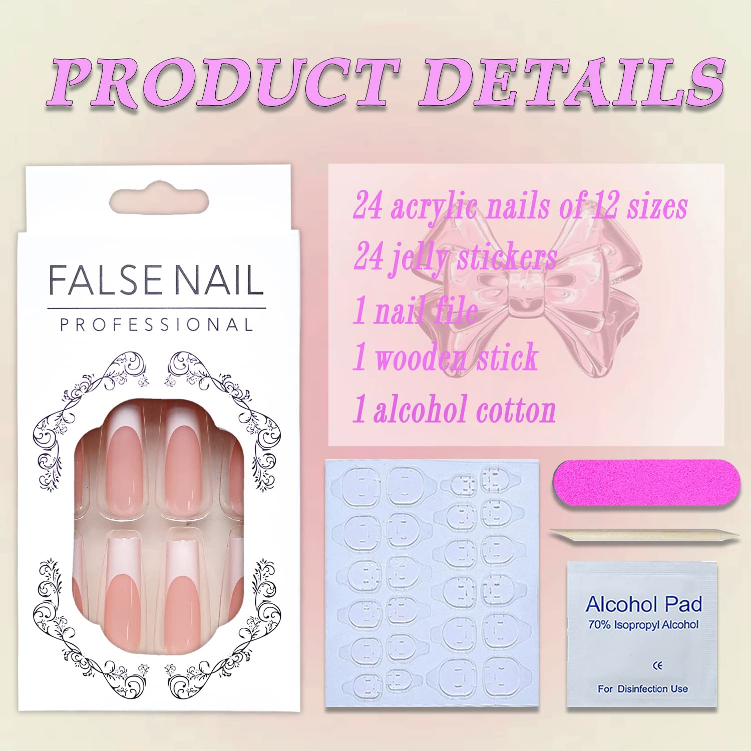 Long Square White French Tip Press On Nails 24 Pcs with Glue - Image 3