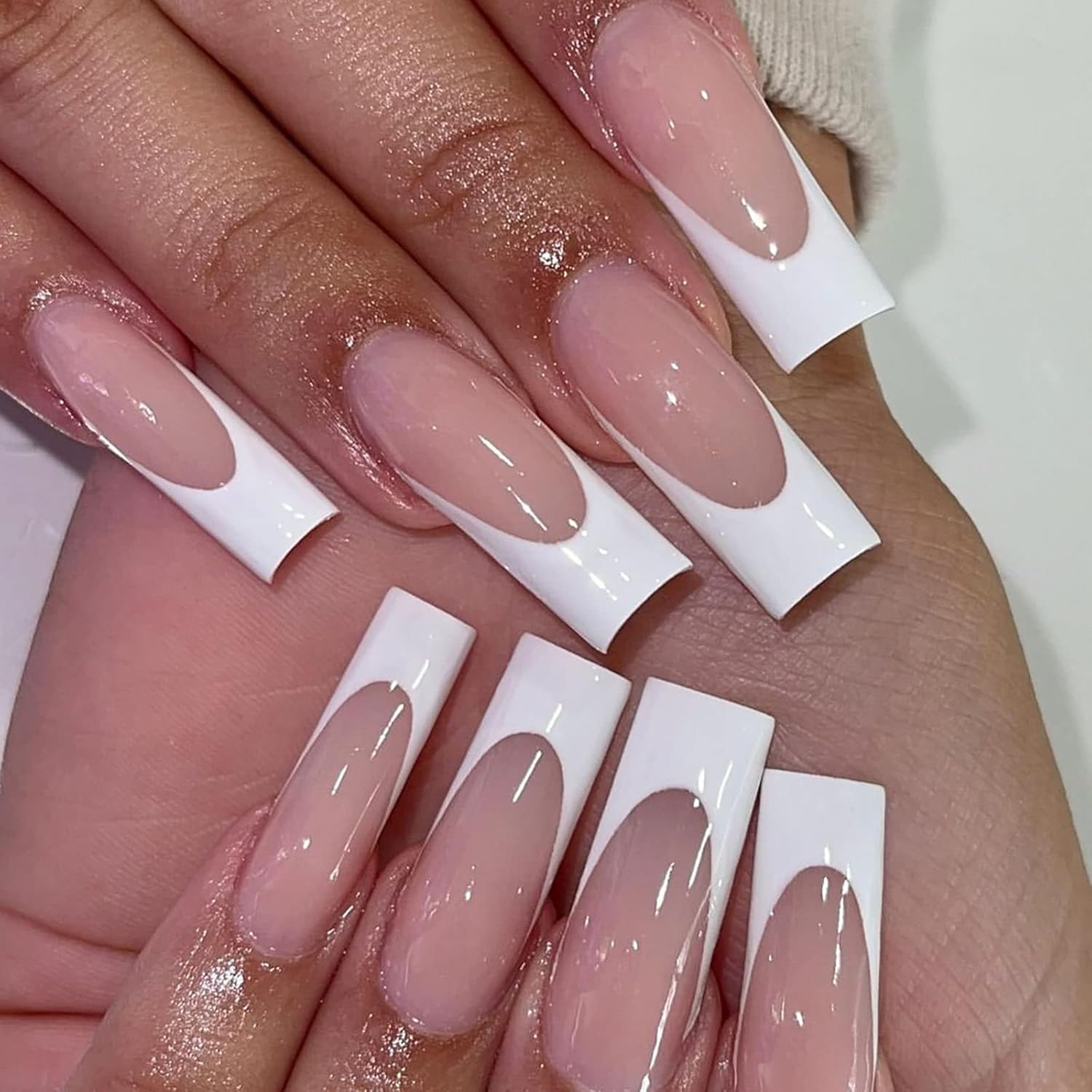 Press on Nails Long Square White French Tip Fake Nails Full Cover False Nails with Designs White Nail Tip Glossy False Nails with Nail Glue Artificial Acrylic Nails for Women Girls 24 Pcs
