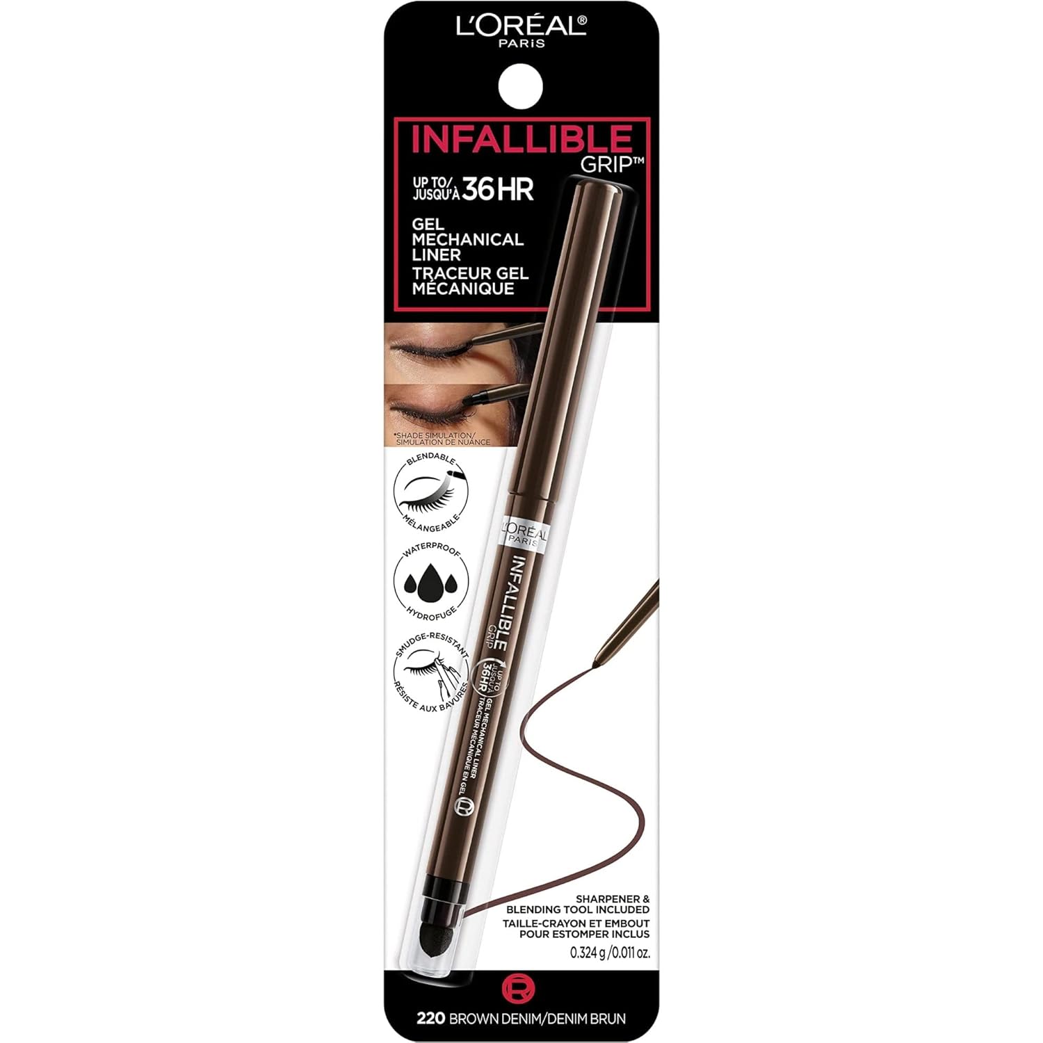 L'Oreal Paris Infallible Grip Mechanical Gel Eyeliner Pencil, Smudge-Resistant, Waterproof Eye Makeup with Up to 36HR Wear, Brown Denim, 0.01 Oz - Image 2