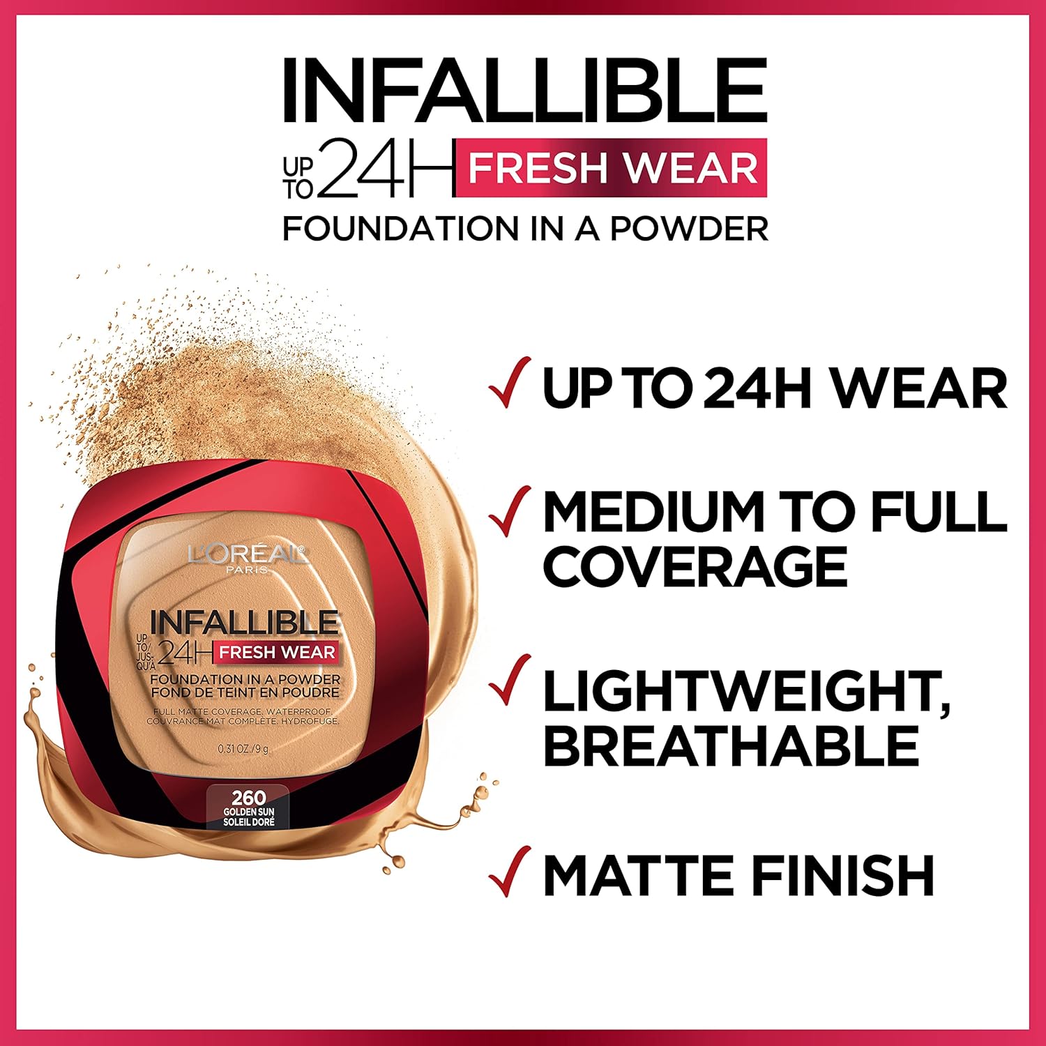 L'Oreal Paris Makeup Infallible Fresh Wear Foundation in a Powder, Up to 24H Wear, Waterproof, Radiant Honey, 0.31 oz. - Image 6