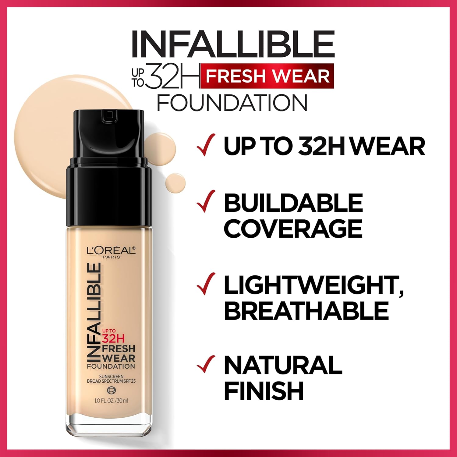 L'Oreal Paris Makeup Infallible Up to 32 Hour Fresh Wear Lightweight Foundation, 470 Radiant Honey, 1 Fl Oz, Packaging May Vary - Image 3