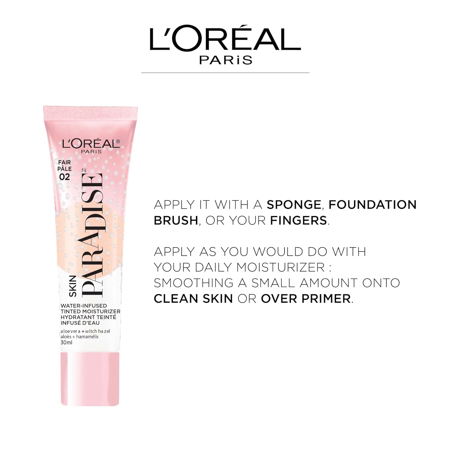 L'Oreal Paris Skin Paradise Water-infused Tinted Moisturizer with Broad Spectrum SPF 19 sunscreen lightweight, natural coverage up to 24h hydration for a fresh, glowing complexion, Light 02, 1 fl oz - Image 3