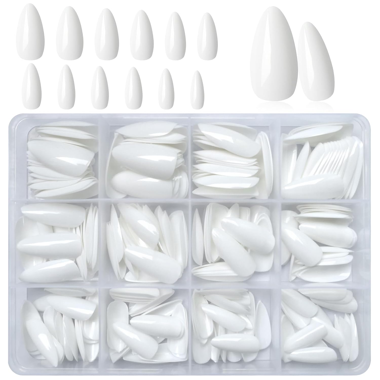 LoveOurHome 240pc Short Almond White Press on Nails Colored Fake Nail Tips Full Cover Artificial Fingernail French Stiletto Manicure with Adhesive Tabs for Women Girls Kids