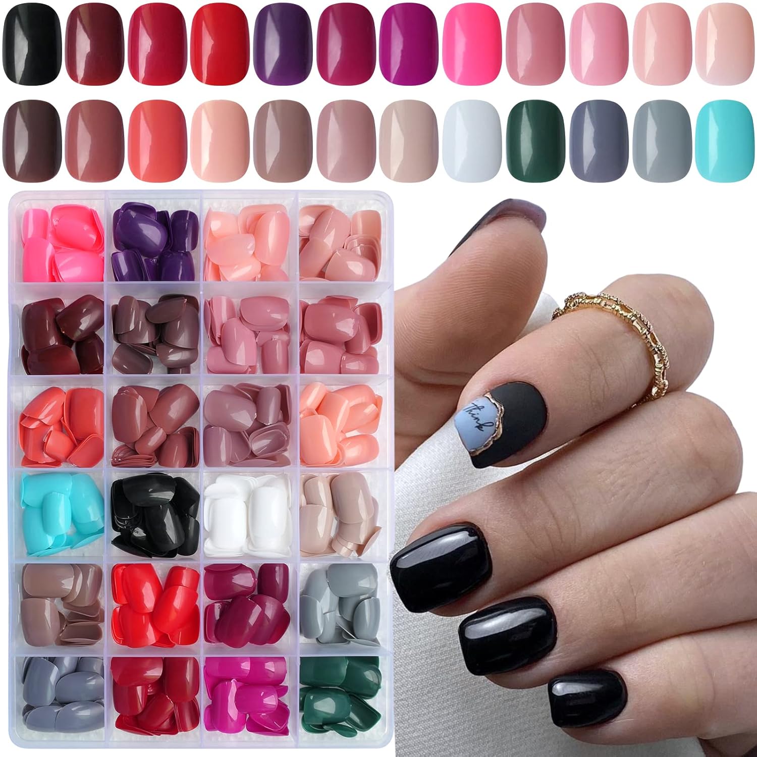 LoveOurHome 576pc Short Press on Nails, Round Square XS Fake Nails Full Cover Glossy Gel Press on Nails Short Artificial Fingernail False Acrylic Presson Tips 24 Colors for Kids Girls Women