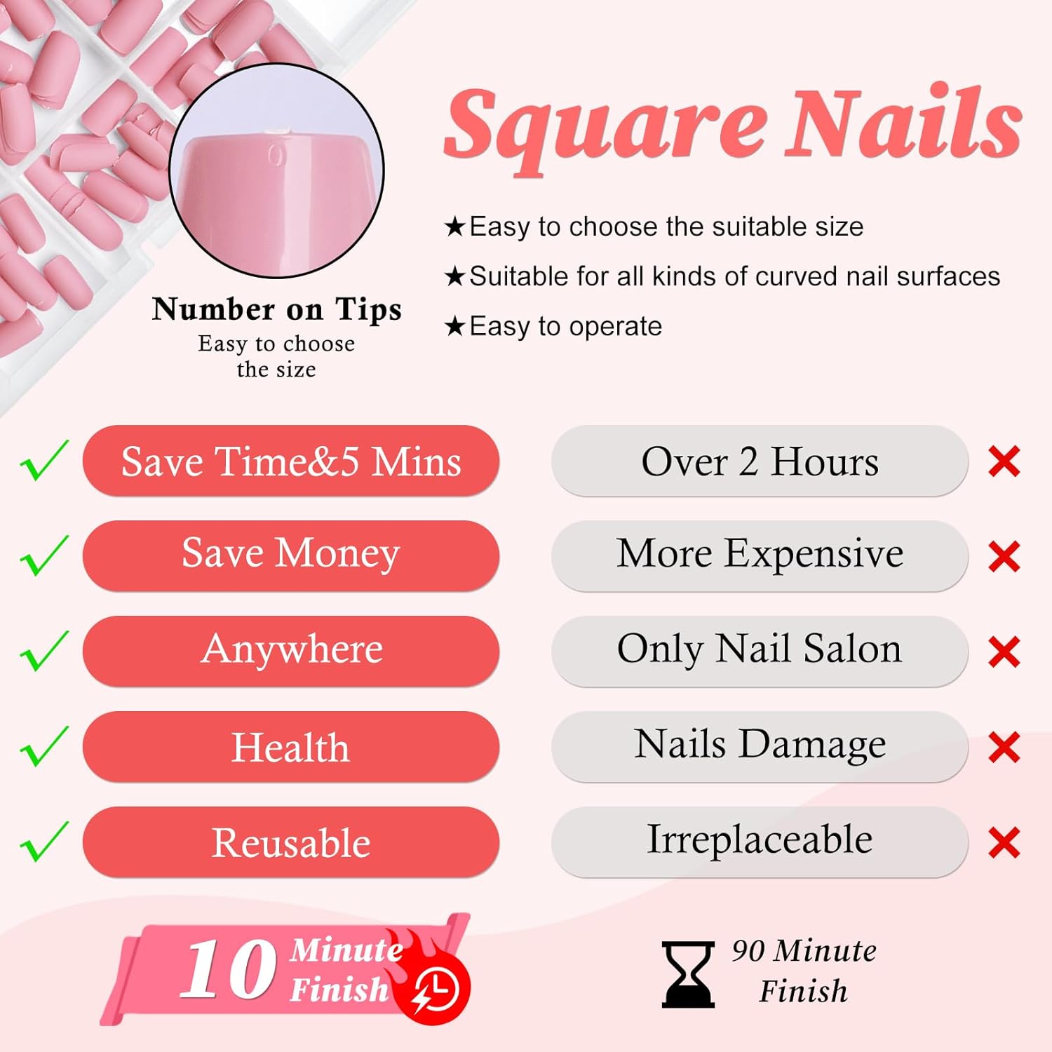 LuckForever 240pc Matte Square Press on Nails Medium Glue on Nails Petal Pink Fake Nails Medium Square Acrylic Nails Press on Nails Full Cover Artificial False Fingernails with Glue Adhesive Tabs - Image 4