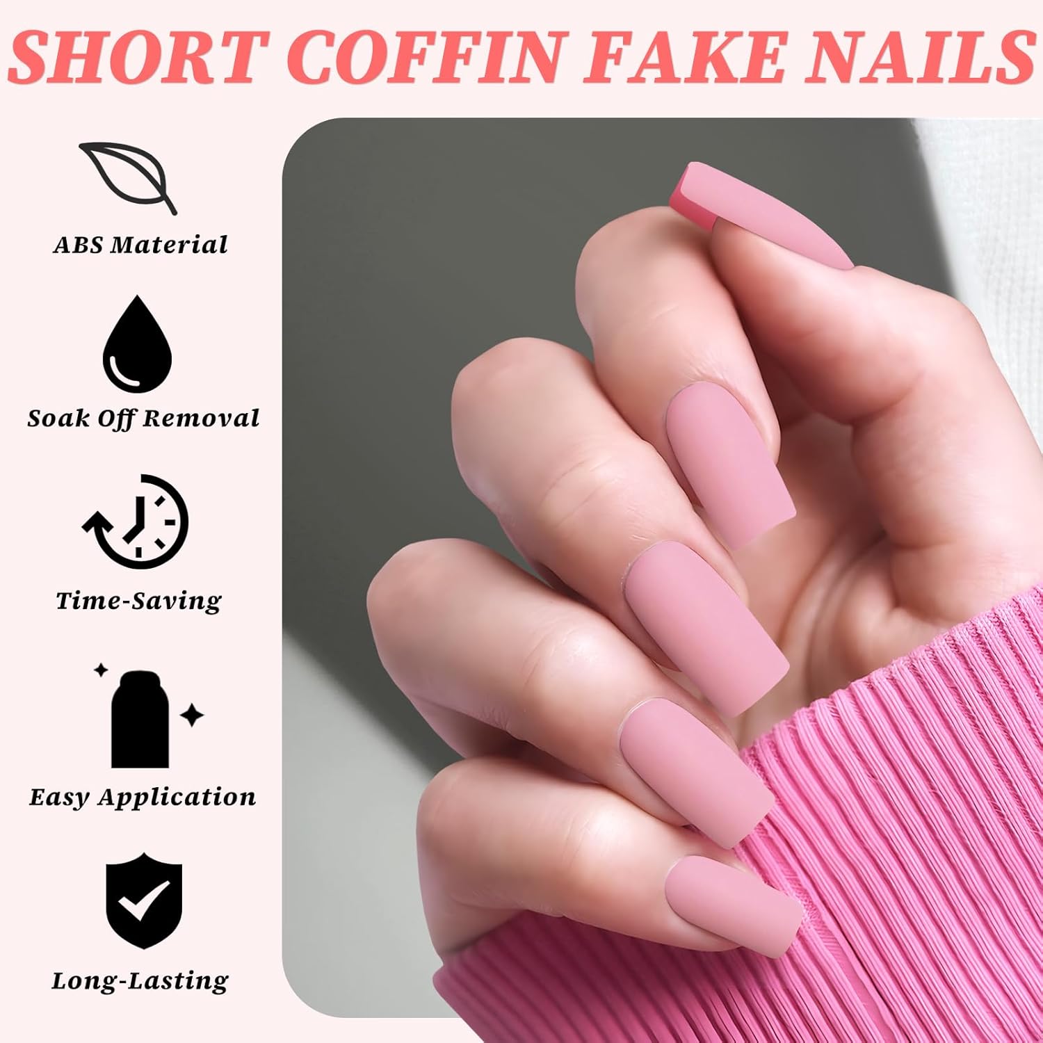 LuckForever 240pc Matte Square Press on Nails Medium Glue on Nails Petal Pink Fake Nails Medium Square Acrylic Nails Press on Nails Full Cover Artificial False Fingernails with Glue Adhesive Tabs - Image 3