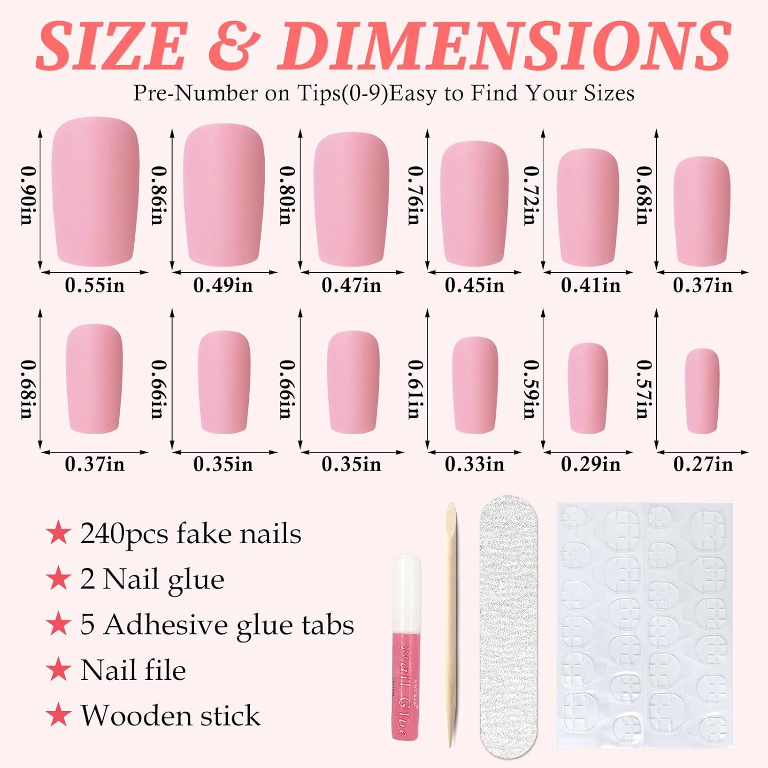LuckForever 240pc Matte Square Press on Nails Medium Glue on Nails Petal Pink Fake Nails Medium Square Acrylic Nails Press on Nails Full Cover Artificial False Fingernails with Glue Adhesive Tabs - Image 2