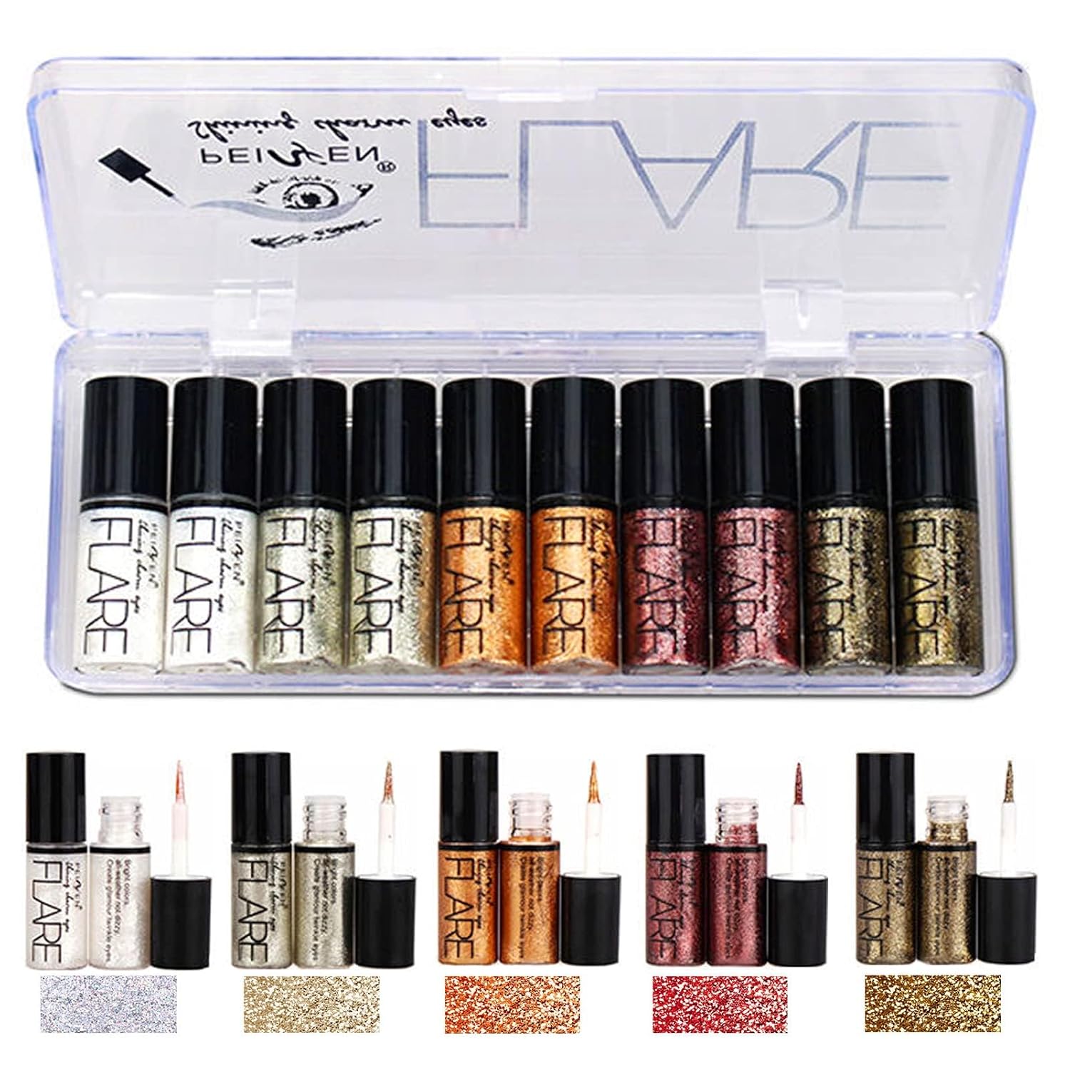 Lucoss 10 Colors Shimmer Eyeshadow Liquid, Glitter Metallic Eye Shadow Makeup Long Lasting, Quick Drying Sparkling Eyeshadow Eye's Liner Crystals Eye Glitter Makeup