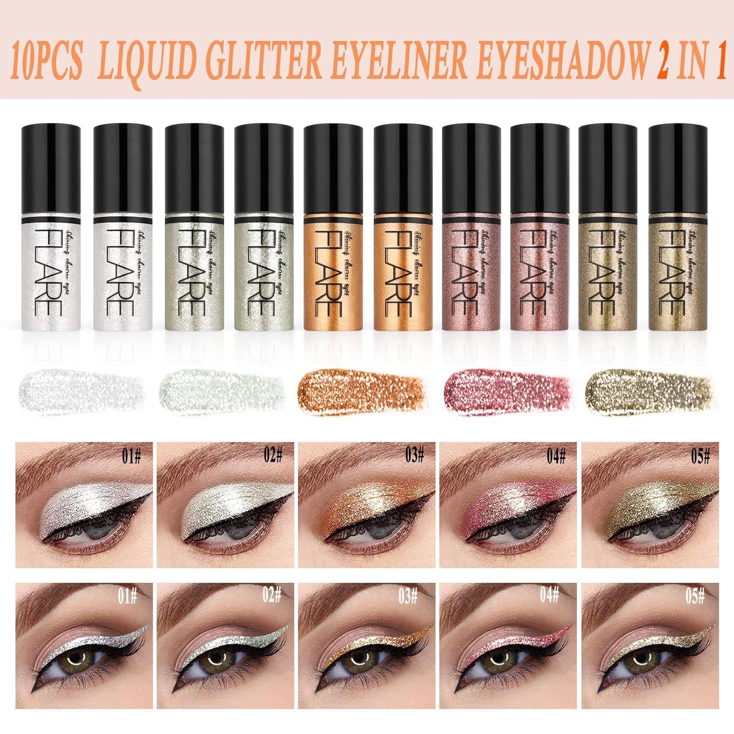 Lucoss 10 Colors Shimmer Eyeshadow Liquid, Glitter Metallic Eye Shadow Makeup Long Lasting, Quick Drying Sparkling Eyeshadow Eye's Liner Crystals Eye Glitter Makeup - Image 2