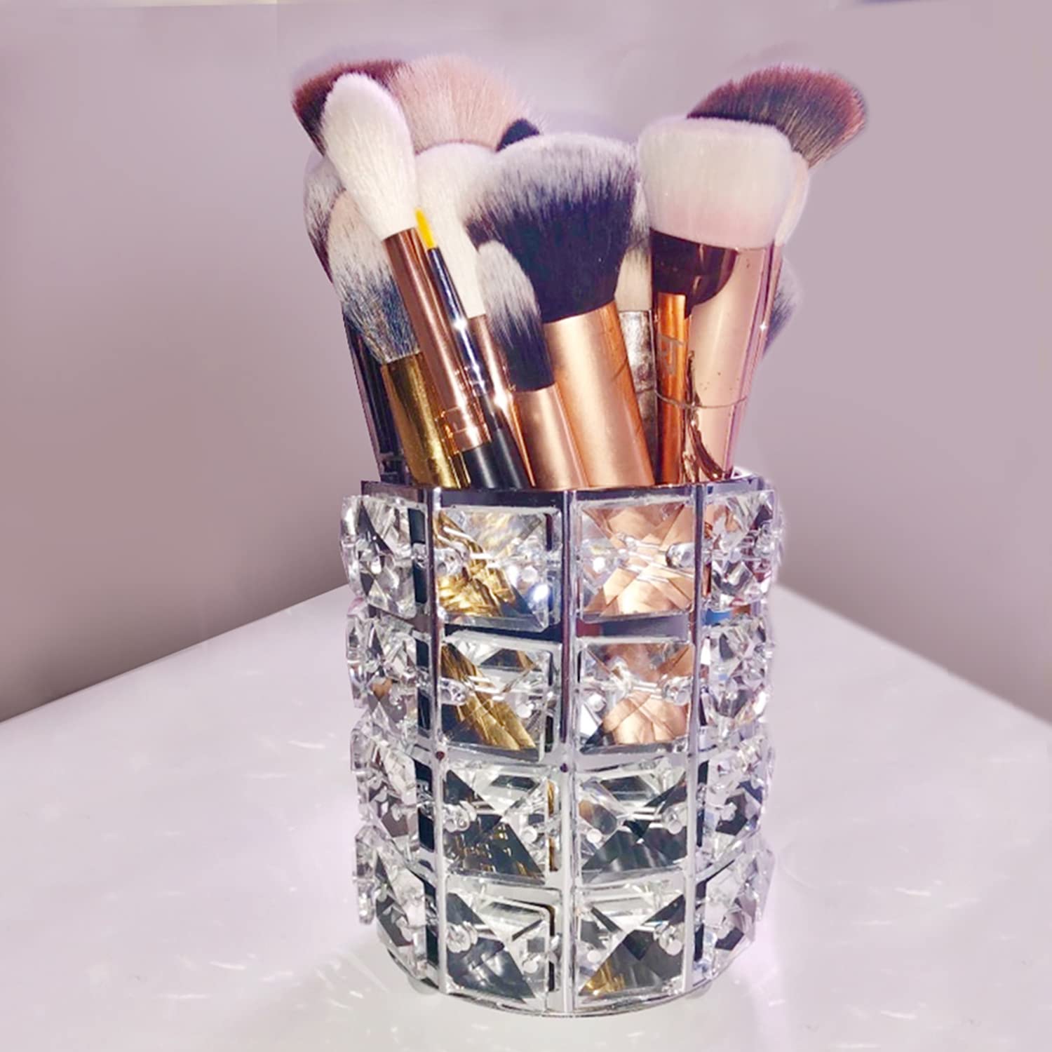 LUGUNU Makeup Brush Holder Organizer Golden Crystal Bling Personalized Gold Comb Brushes Pen Pencil Storage Box Container (Crystal Pot-Sliver) - Image 3