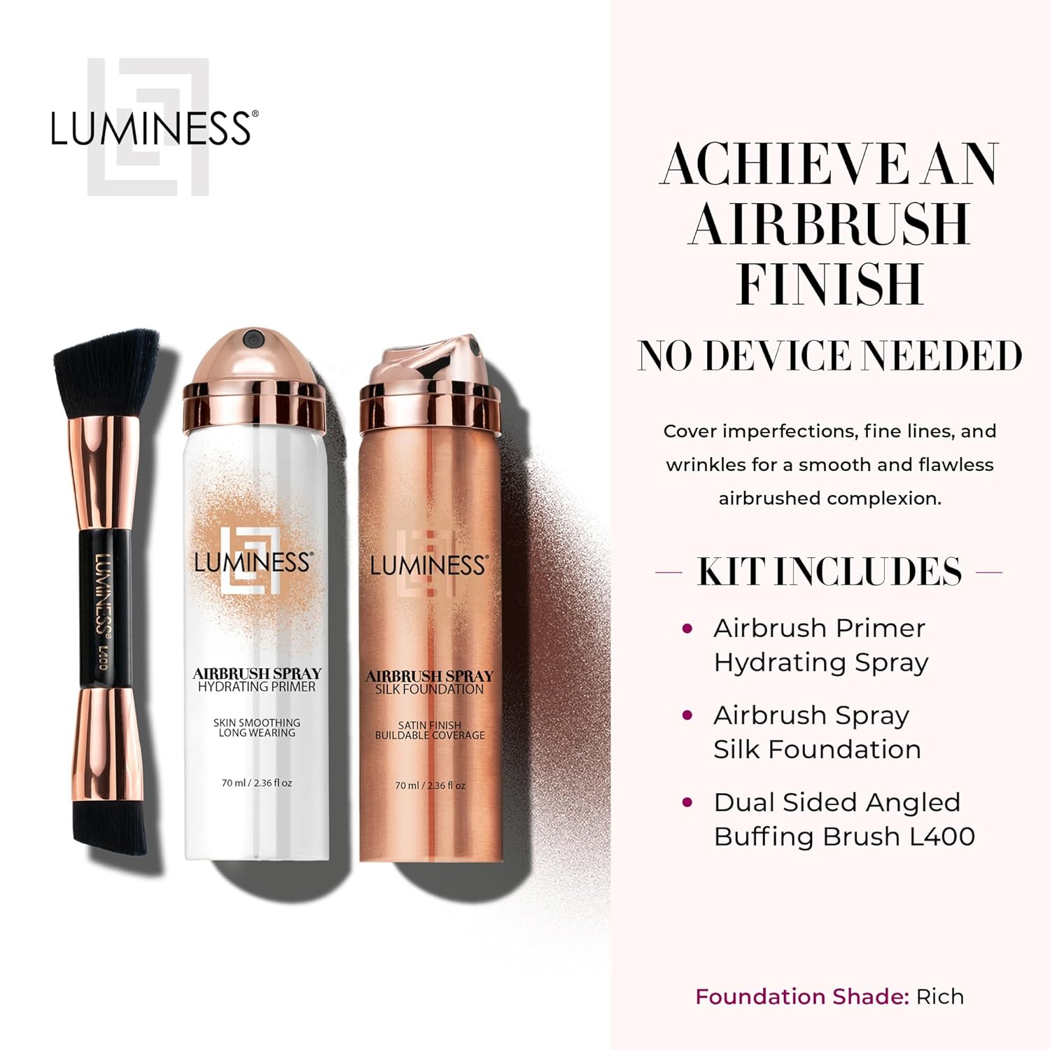 LUMINESS Airbrush Spray Silk Foundation Starter Kit - Rich - Foundation, Primer & Dual-Sided Angled Buffing Brush - Medium, Buildable Coverage, Anti-Aging Formula Hydrates & Moisturizes - Image 2