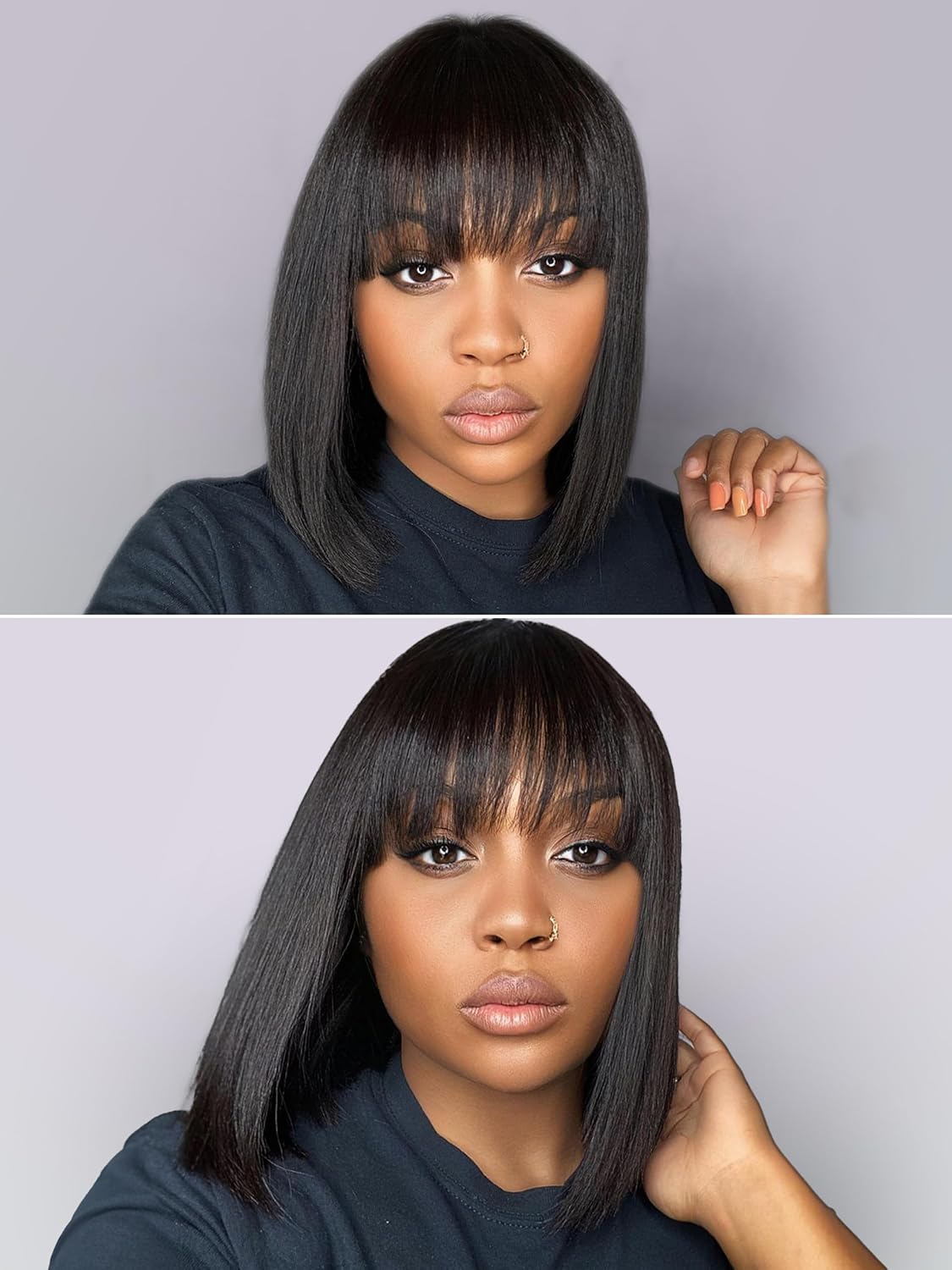 LUVME HAIR 10 Inch Light Yaki Straight Bob Wig with Bangs Human Hair Realistic HD Lace Short Black Bob Wigs, Ready to Go Blunt Cut Bob Wig Glueless 180 Density - Image 7