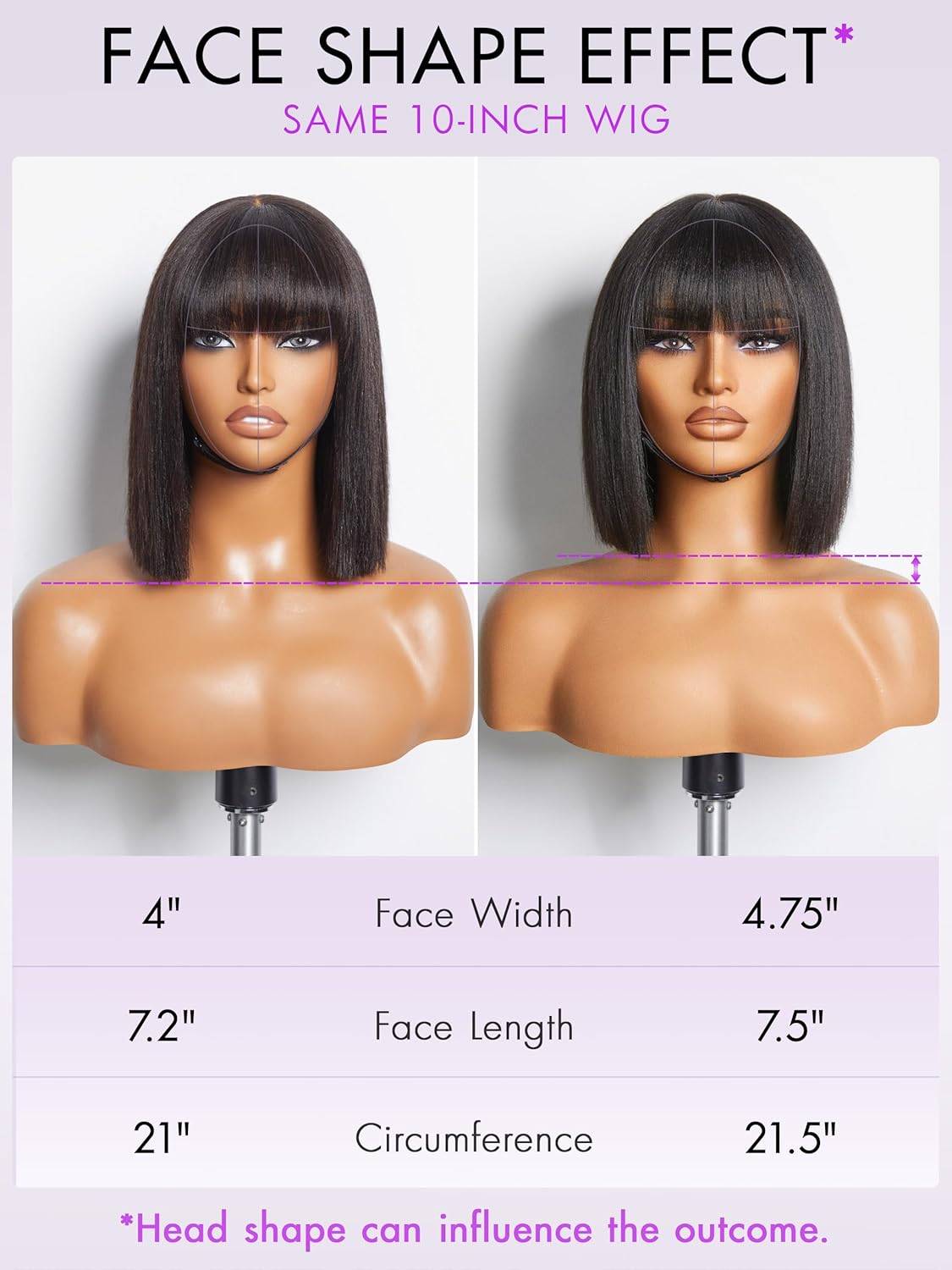 LUVME HAIR 10 Inch Light Yaki Straight Bob Wig with Bangs Human Hair Realistic HD Lace Short Black Bob Wigs, Ready to Go Blunt Cut Bob Wig Glueless 180 Density - Image 4