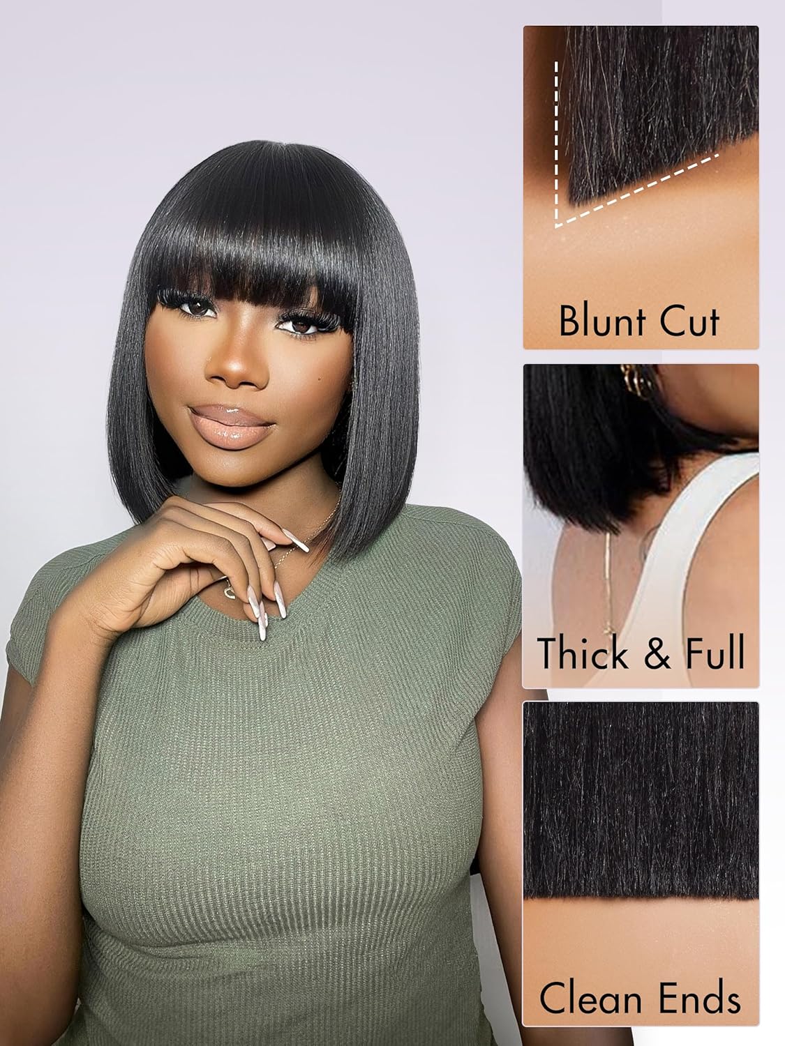 LUVME HAIR 10 Inch Light Yaki Straight Bob Wig with Bangs Human Hair Realistic HD Lace Short Black Bob Wigs, Ready to Go Blunt Cut Bob Wig Glueless 180 Density - Image 3