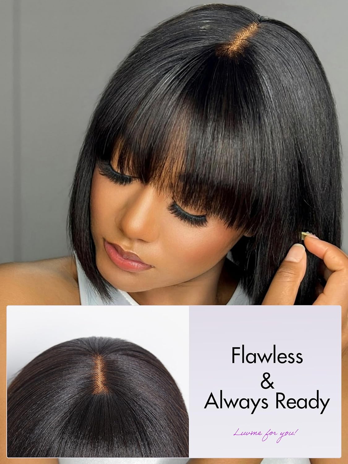 LUVME HAIR 10 Inch Light Yaki Straight Bob Wig with Bangs Human Hair Realistic HD Lace Short Black Bob Wigs, Ready to Go Blunt Cut Bob Wig Glueless 180 Density - Image 2