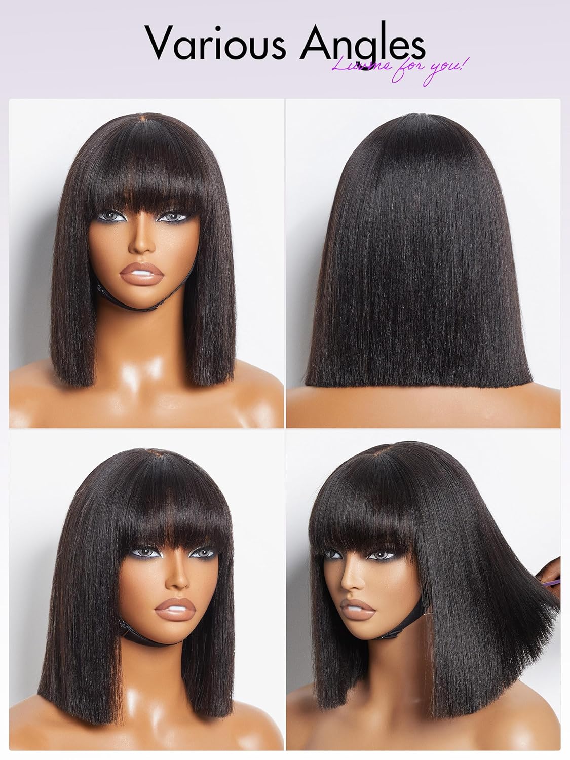 LUVME HAIR 10 Inch Light Yaki Straight Bob Wig with Bangs Human Hair Realistic HD Lace Short Black Bob Wigs, Ready to Go Blunt Cut Bob Wig Glueless 180 Density - Image 8