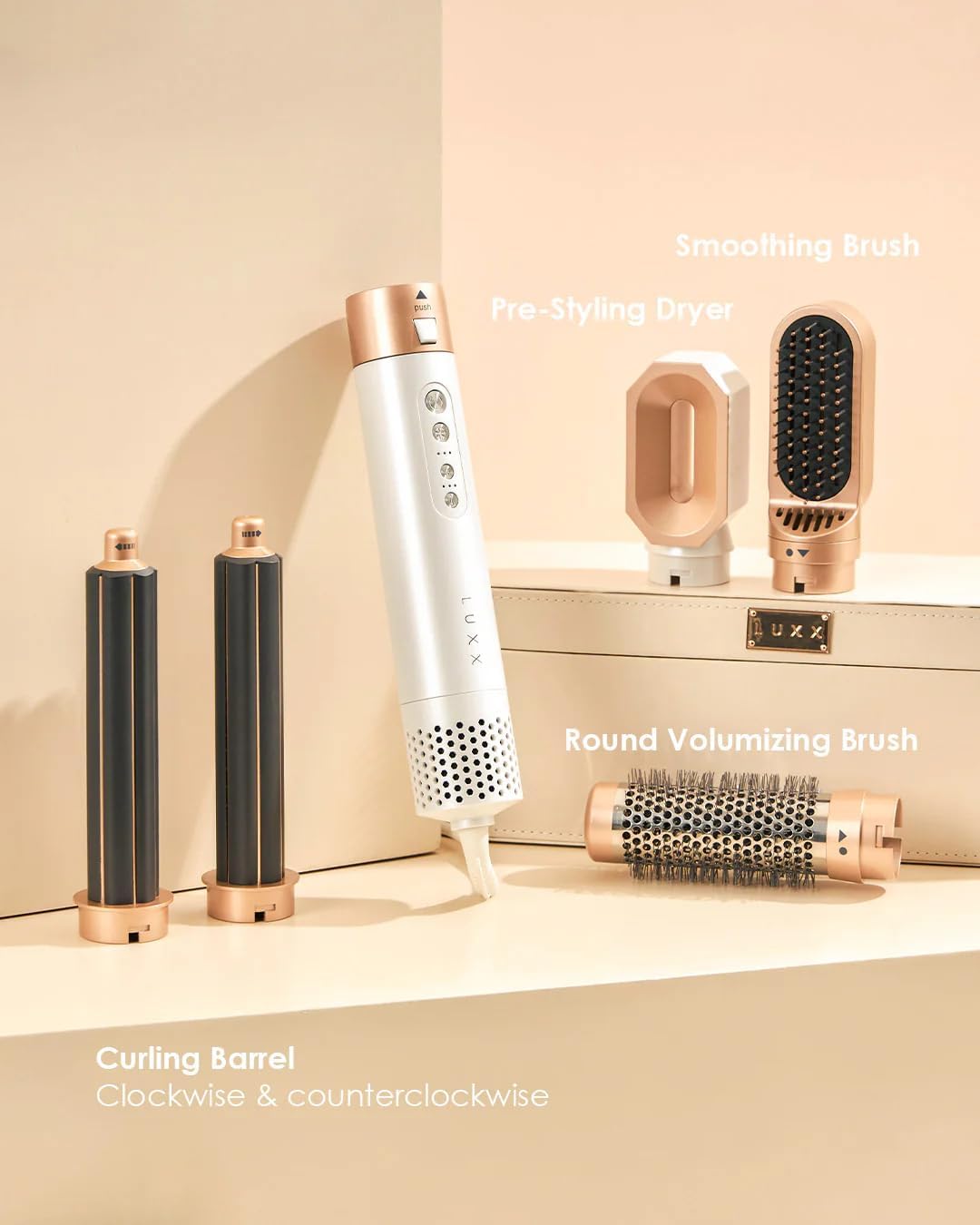 Luxx Luxx Air Pro 2 5in1 Pearl White Hair Dryer Brush Set, Curling Iron and Blow Dryer Combo Kit, 5 Attachments for All Hair Types, Volumizer Hair Dryer and Smoothing Brush, Ionic Technology, 1200W - Image 5