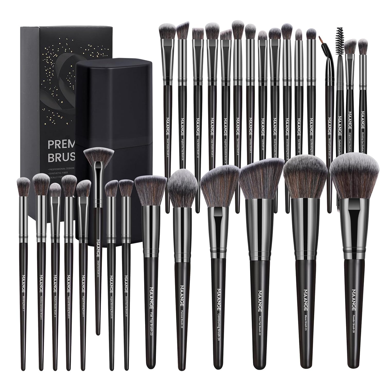 MAANGE 30 Pcs Professional Makeup Brushes with Case, Premium Synthetic Face Foundation Powder Blush Eyeshadow Blending Eye Brush Set Travel Makeup Brushes Set(Black)
