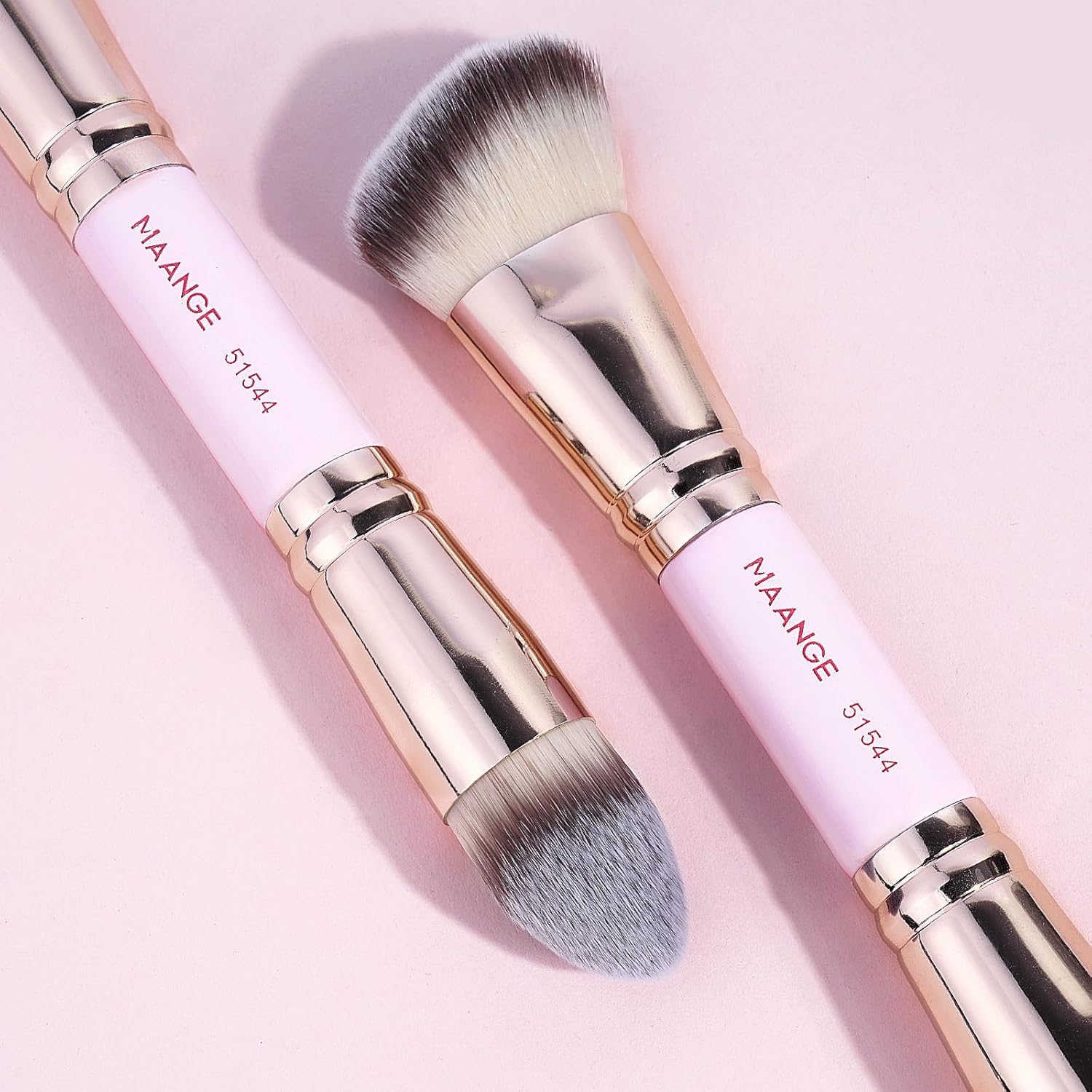 MAANGE Foundation Makeup Brushes, 2Pcs Premium Double-Ended Makeup Brush (Flat/Angled/Angled Round/Tapered Top) for Buffing Liquid, Cream, Powder, Blending Contour Face Brush(Pink/Gold) - Image 3