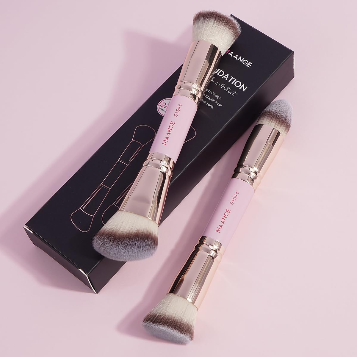 MAANGE Foundation Makeup Brushes, 2Pcs Premium Double-Ended Makeup Brush (Flat/Angled/Angled Round/Tapered Top) for Buffing Liquid, Cream, Powder, Blending Contour Face Brush(Pink/Gold) - Image 7
