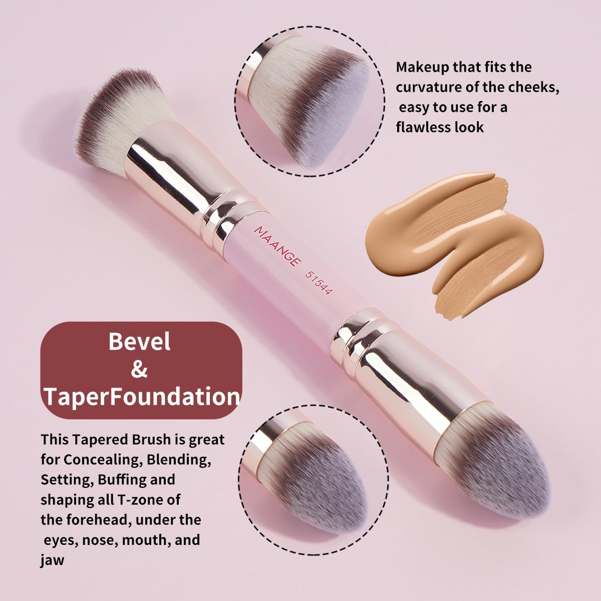 MAANGE Foundation Makeup Brushes, 2Pcs Premium Double-Ended Makeup Brush (Flat/Angled/Angled Round/Tapered Top) for Buffing Liquid, Cream, Powder, Blending Contour Face Brush(Pink/Gold) - Image 5