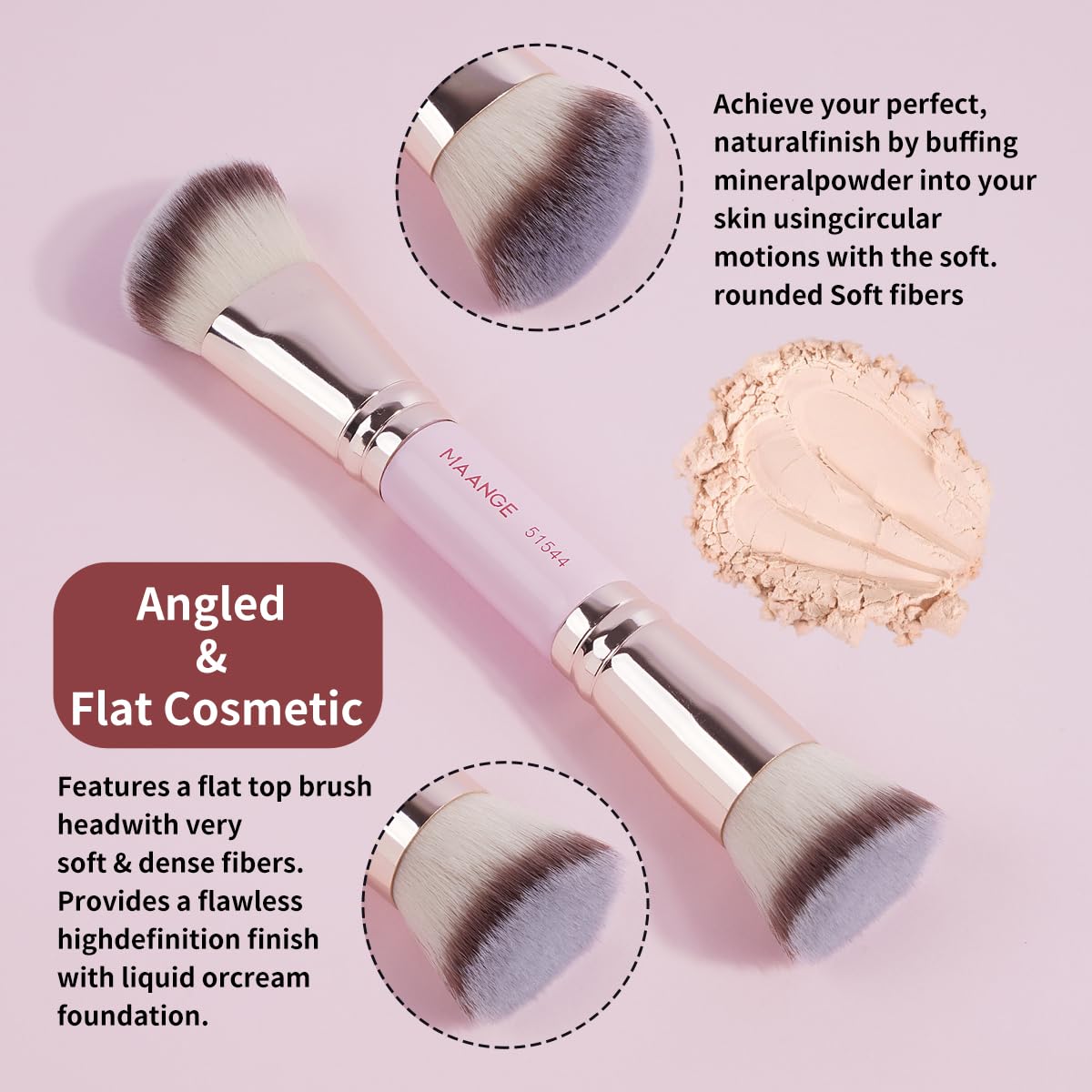 MAANGE Foundation Makeup Brushes, 2Pcs Premium Double-Ended Makeup Brush (Flat/Angled/Angled Round/Tapered Top) for Buffing Liquid, Cream, Powder, Blending Contour Face Brush(Pink/Gold) - Image 4