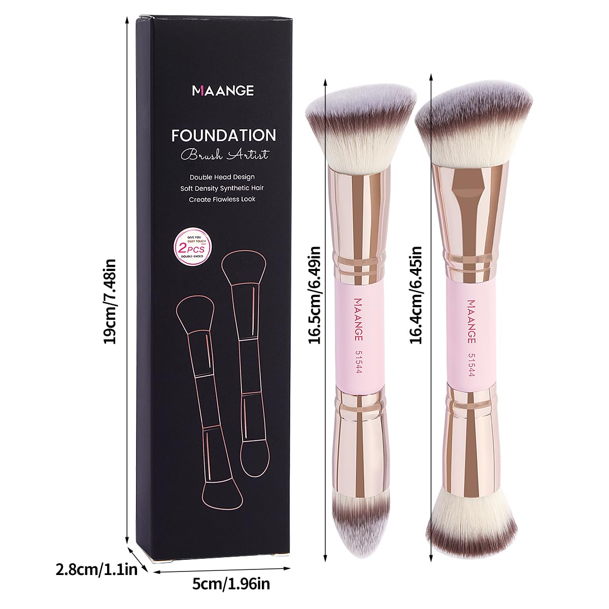 MAANGE Foundation Makeup Brushes, 2Pcs Premium Double-Ended Makeup Brush (Flat/Angled/Angled Round/Tapered Top) for Buffing Liquid, Cream, Powder, Blending Contour Face Brush(Pink/Gold) - Image 2