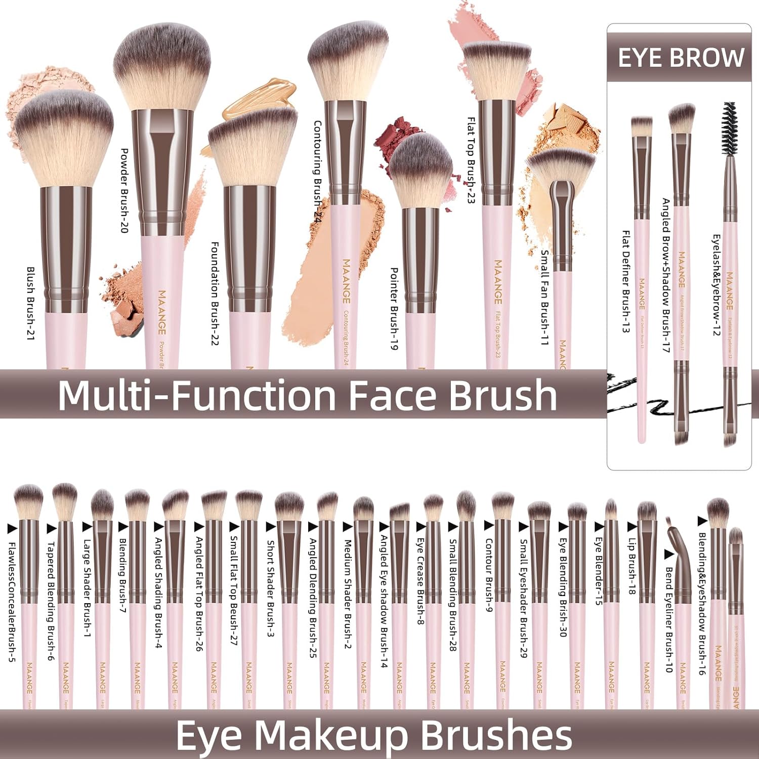 MAANGE Makeup Brush Set, 51 Pcs Makeup Tool Set Premium Synthetic Foundation Powder Concealers Eye shadows Blush Makeup Brushes (Pink) - Image 3