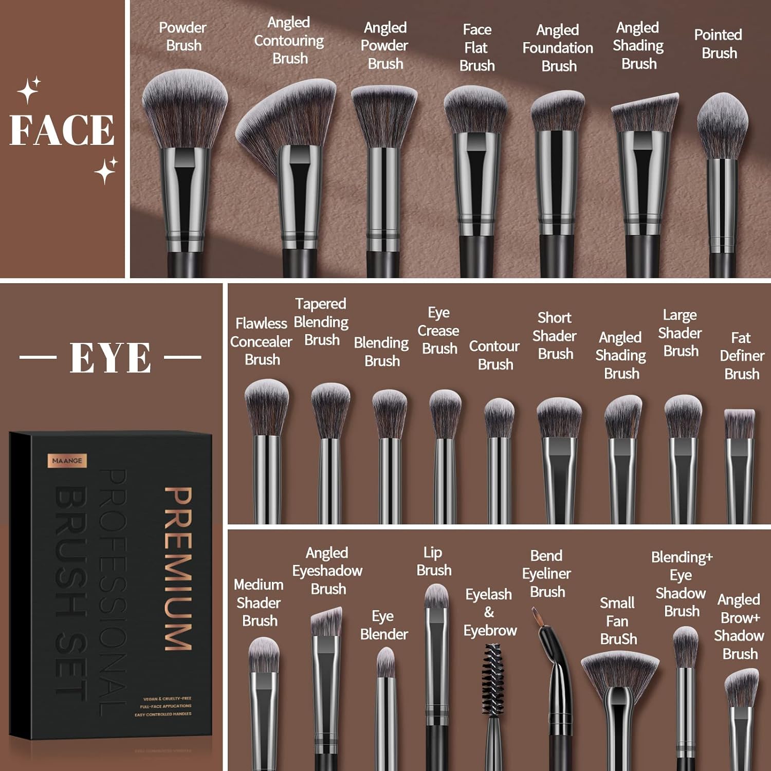 MAANGE Makeup Brushes, 25pcs Makeup Brush Set Premium Synthetic Concealer Blush Foundation Eyeshadow Brush Professional Make up Brushes with Gift Box(Black) - Image 2