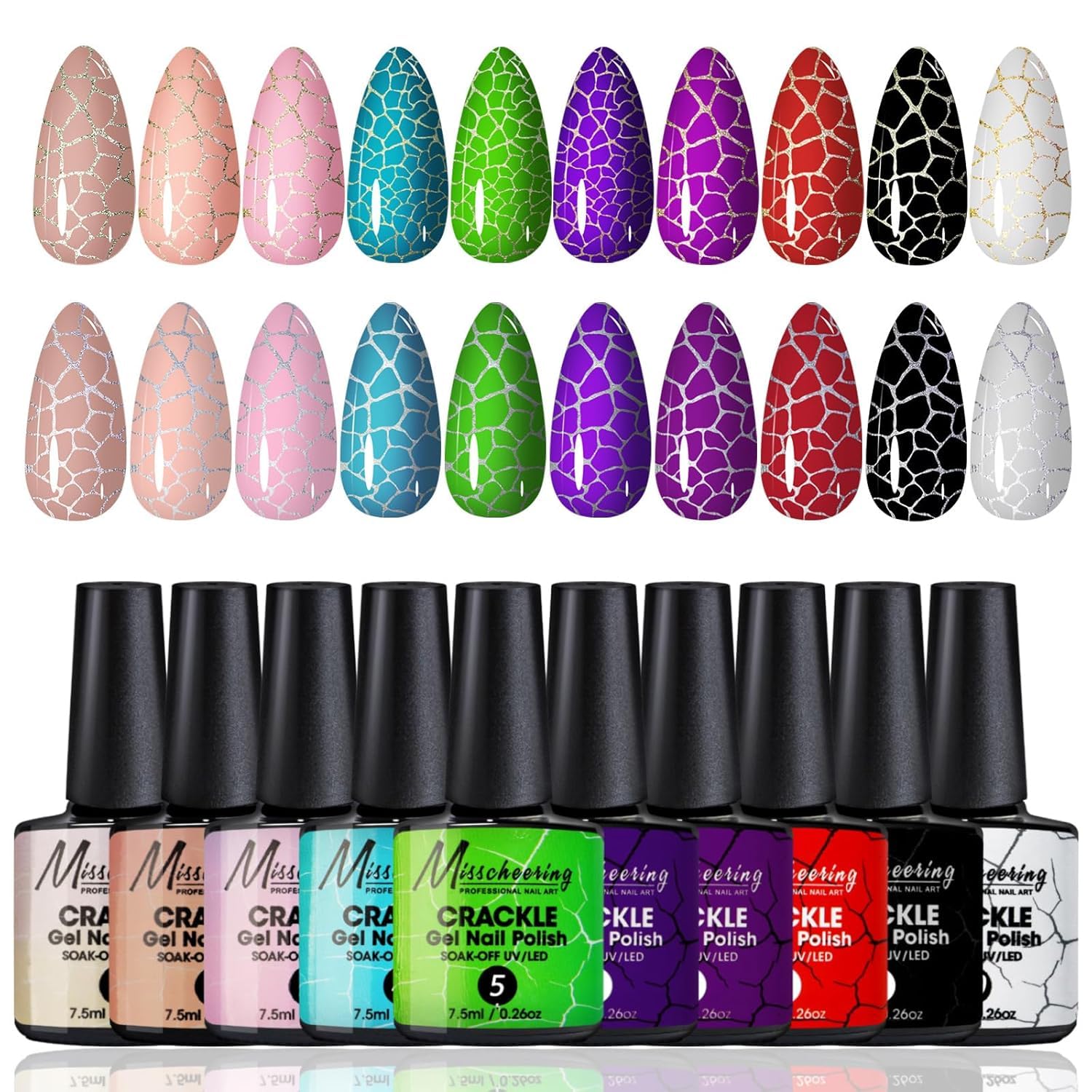 Magic Crackle Gel Polish, Long-lasting Air Dry UV LED Soak Off Nail Art for Home Salon Women Gift (10, 7.5ml) - Image 3