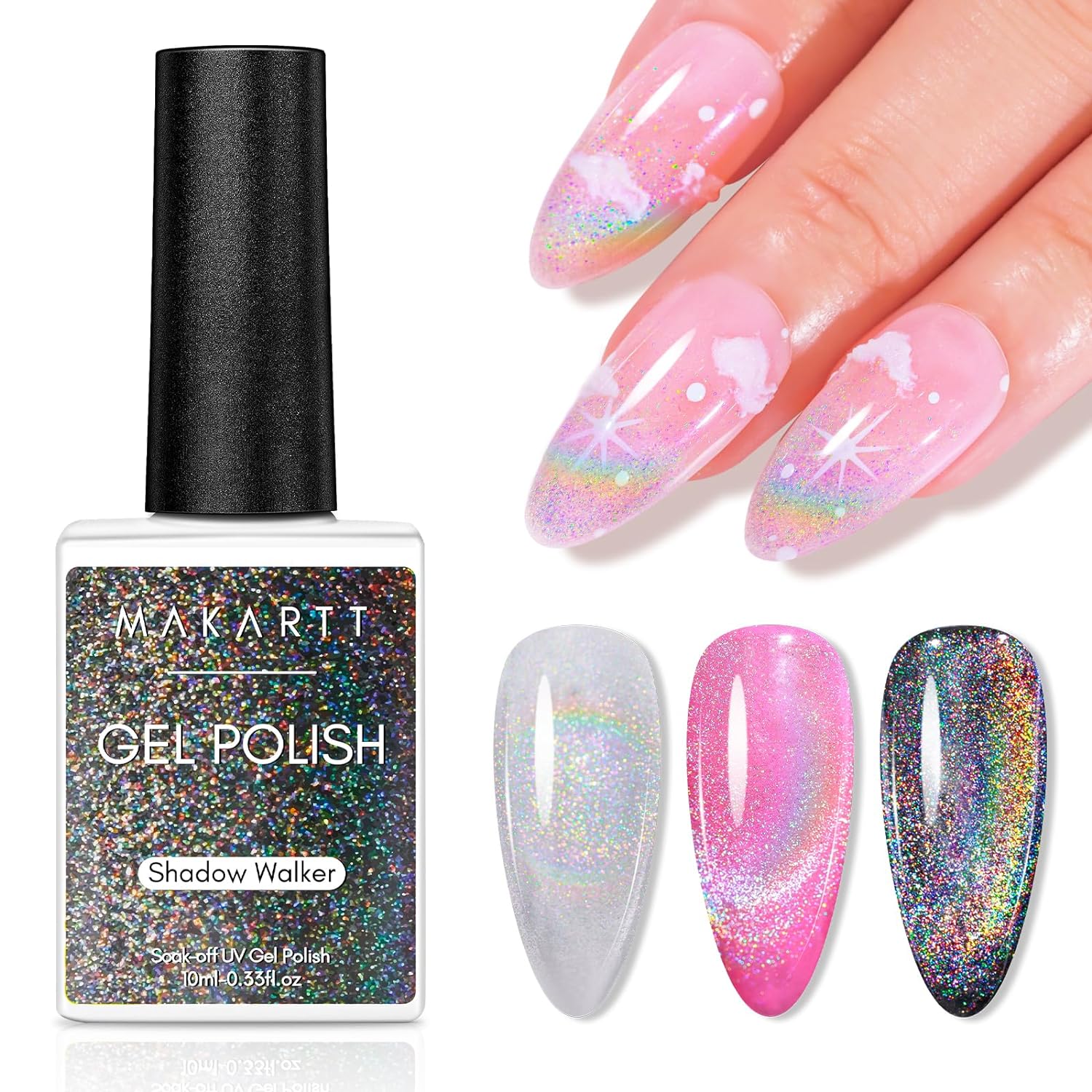 Makartt Rainbow Cat Eye Gel Nail Polish 10ml, Universal 9D Holographic Sparkly Glitter Soak Off UV/LED Manicure with Magnet Stick for Nail Art Designs