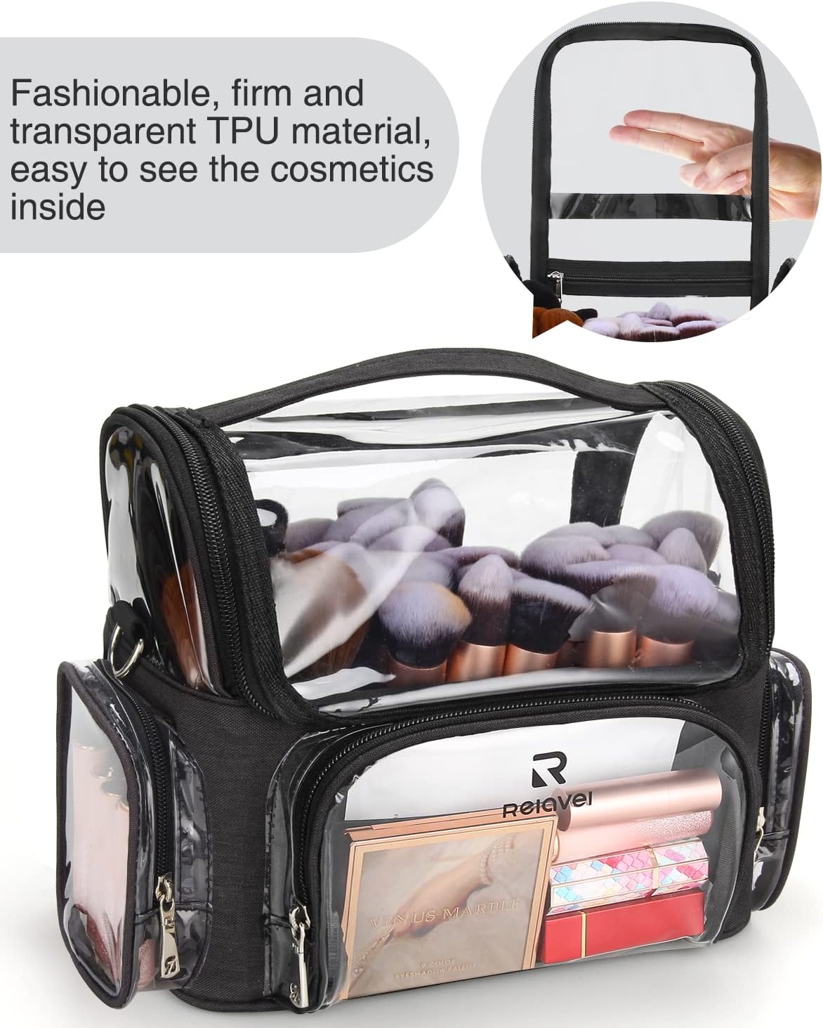 Makeup Brush Case, Large Makeup Brush Holder Professional Makeup Artist Travel Case Clear Waterproof Cosmetic Organizer Bag, Full Open Easy to Access, with Adjustable Strap and Dividers - Image 2